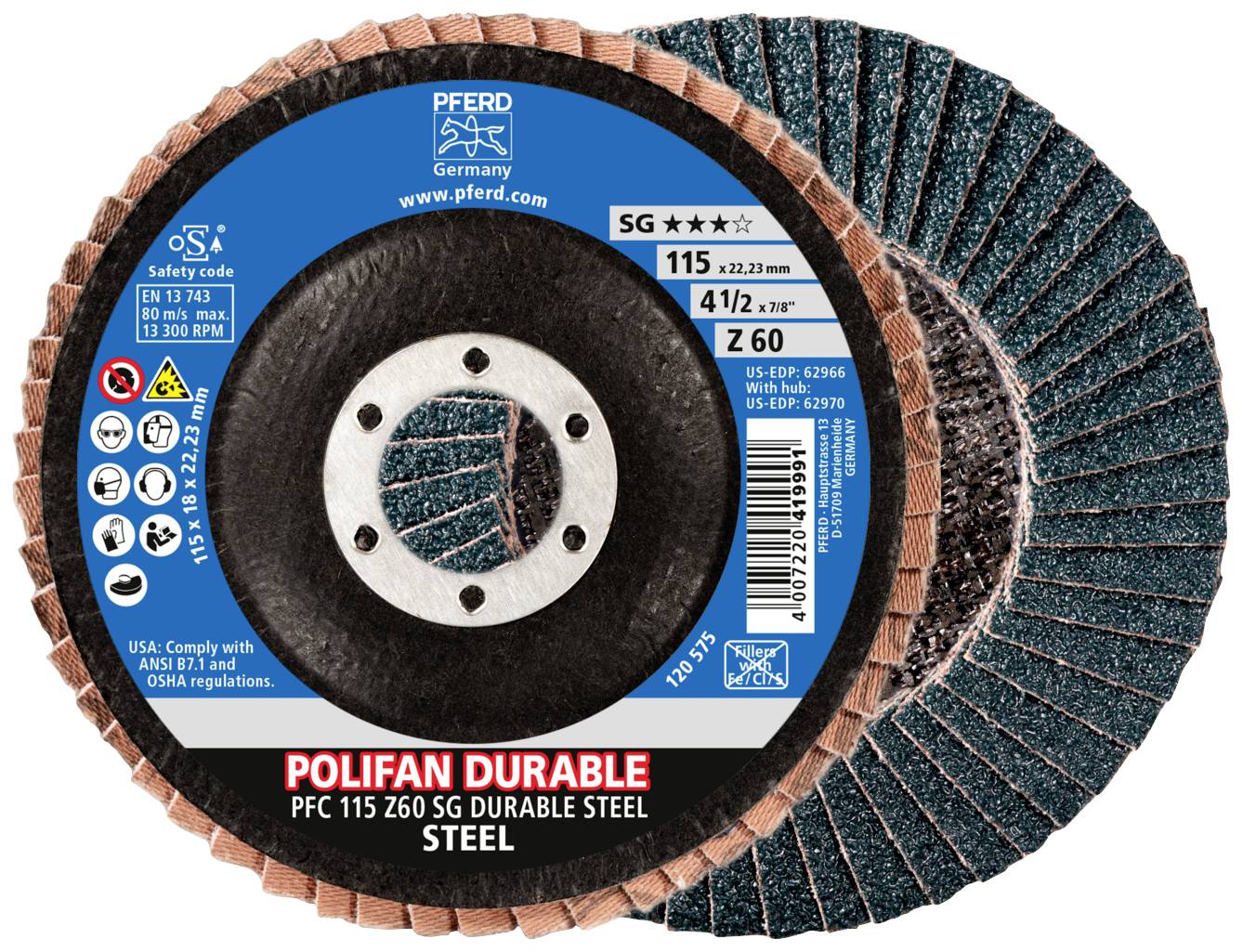 Schleifscheibe 'PFERD Polifan Durable PFC 115 Z60 SG' für Stahl, 115 mm Durchmesser, mit Sicherheits-, Normen- und Anwendungshinweise.