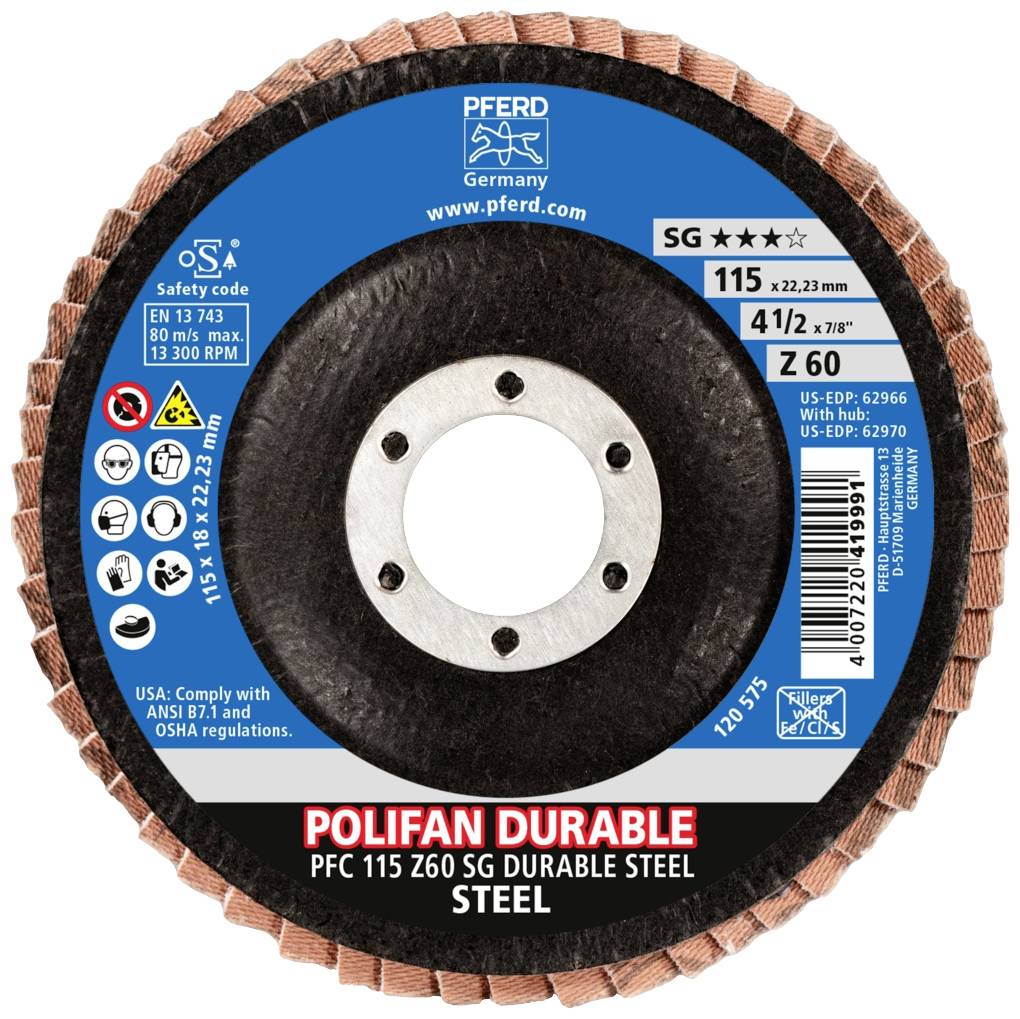 Schleifscheibe mit der Aufschrift 'Polifan Durable'; Größe 115 x 22,23 mm, max. 13.300 U/min. Geeignet für Stahlbearbeitung.