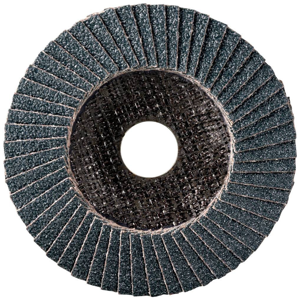 Schleiflamellenscheibe mit centralem Loch, radial angeordneten Schleiflamellen und grober Oberfläche, für Oberflächenbearbeitung.