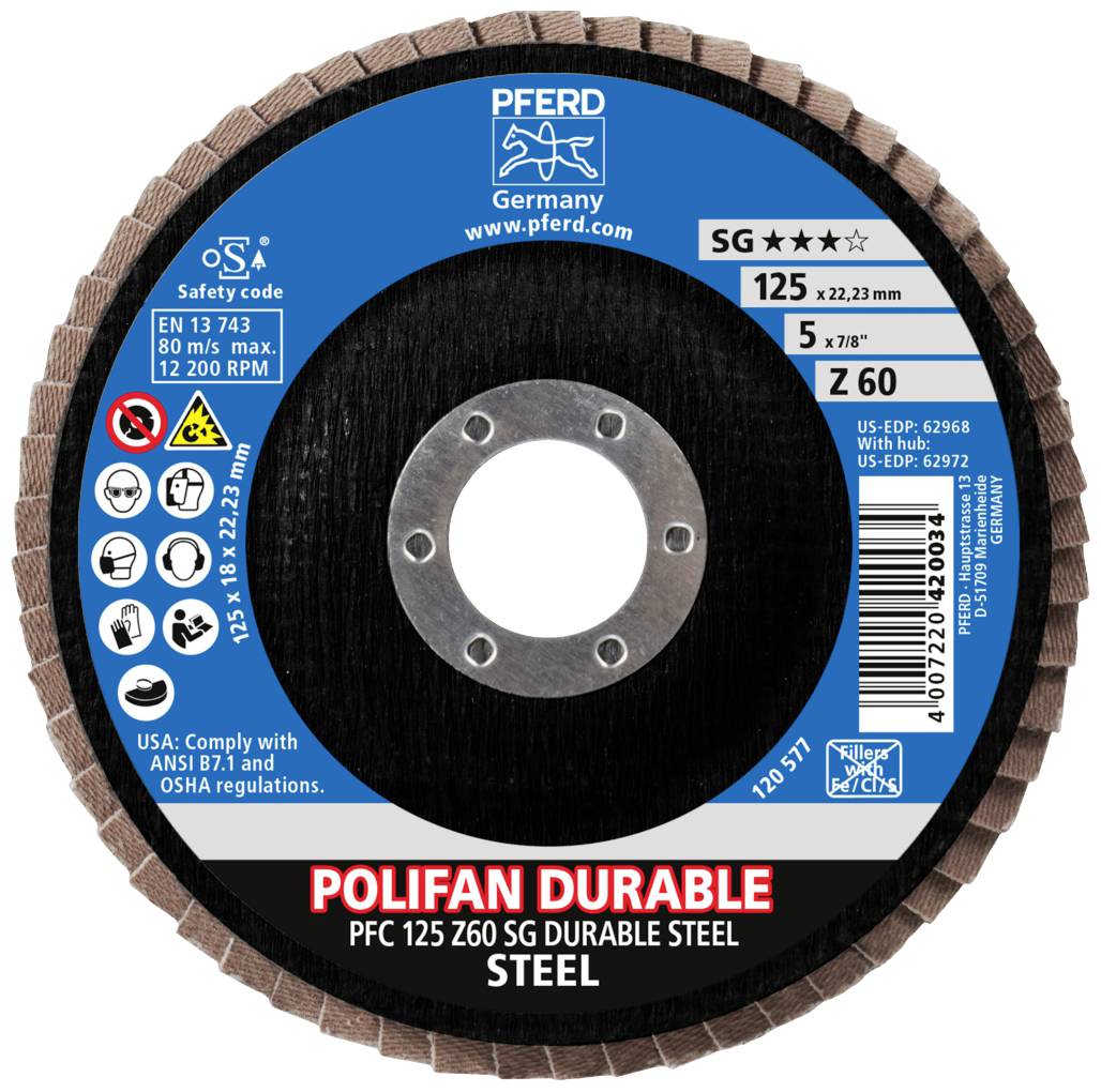'POLIFAN DURABLE' Schleifscheibe für Stahl, 125 mm Durchmesser, empfohlene Geschwindigkeit 12.200 U/min. Hersteller: PFERD.