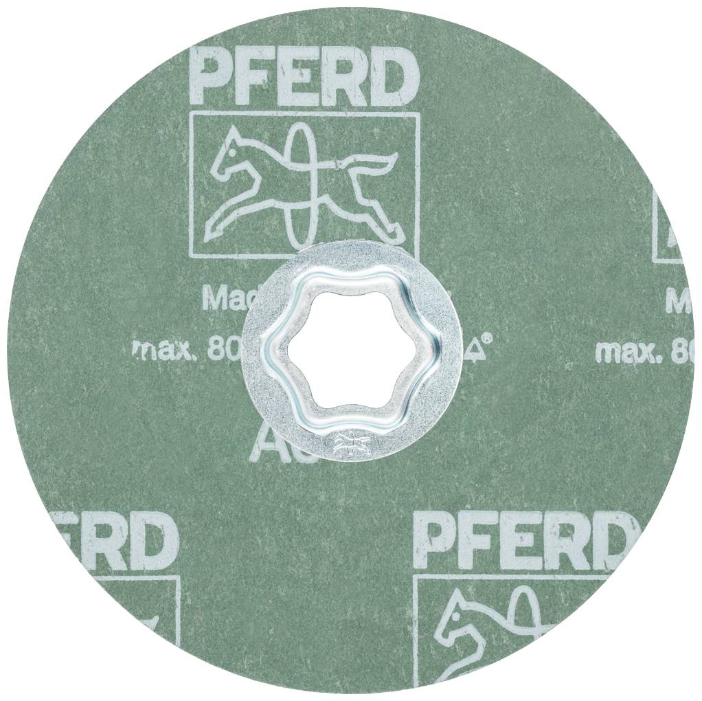 Grüne Schleifscheibe mit Aufdruck 'PFERD', Logo eines Pferdes und Angaben zur maximalen Umdrehungsgeschwindigkeit (80 m/s).