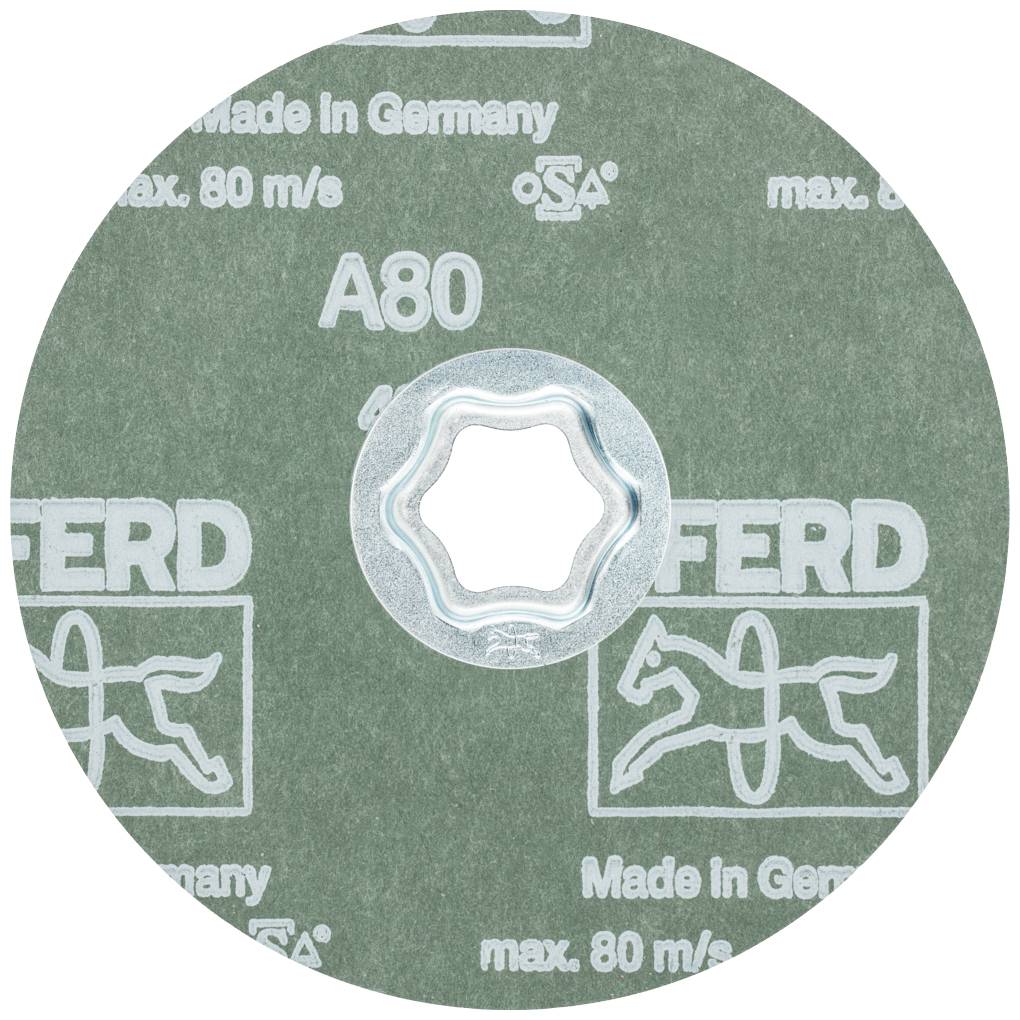Schleifscheibe mit Aufschrift 'Made in Germany', 'max. 80 m/s', und 'A80'. Enthält Logos und Symbole, grün-graue Oberfläche.