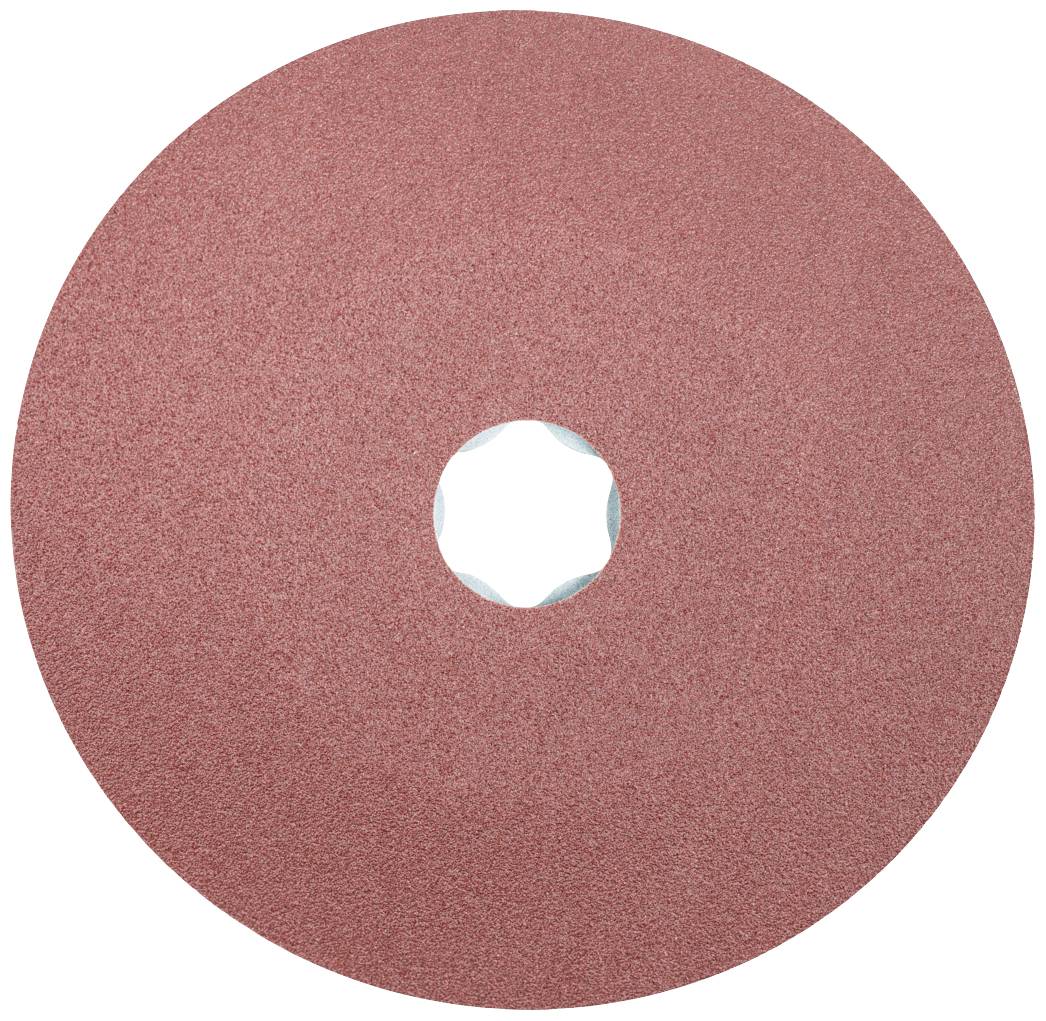 Ein runder, roter Schleifpapier-Kreisscheibe mit einer zentralen Öffnung, verwendet für Schleifarbeiten auf Holz oder Metall.