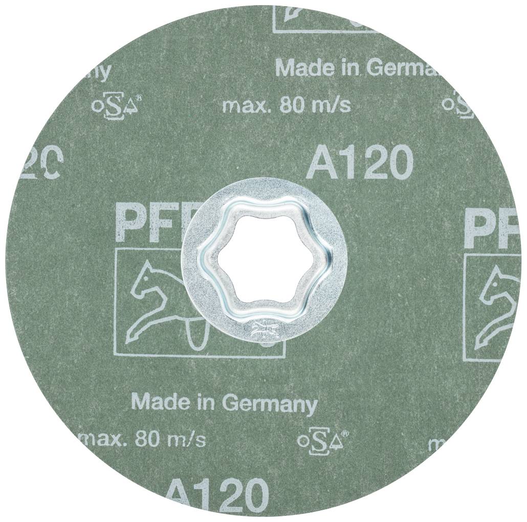 Schleifscheibe mit Aufdruck 'A120', 'Made in Germany', maximale Geschwindigkeit '80 m/s'. Firmenlogo und Qualitätszeichen sichtbar.