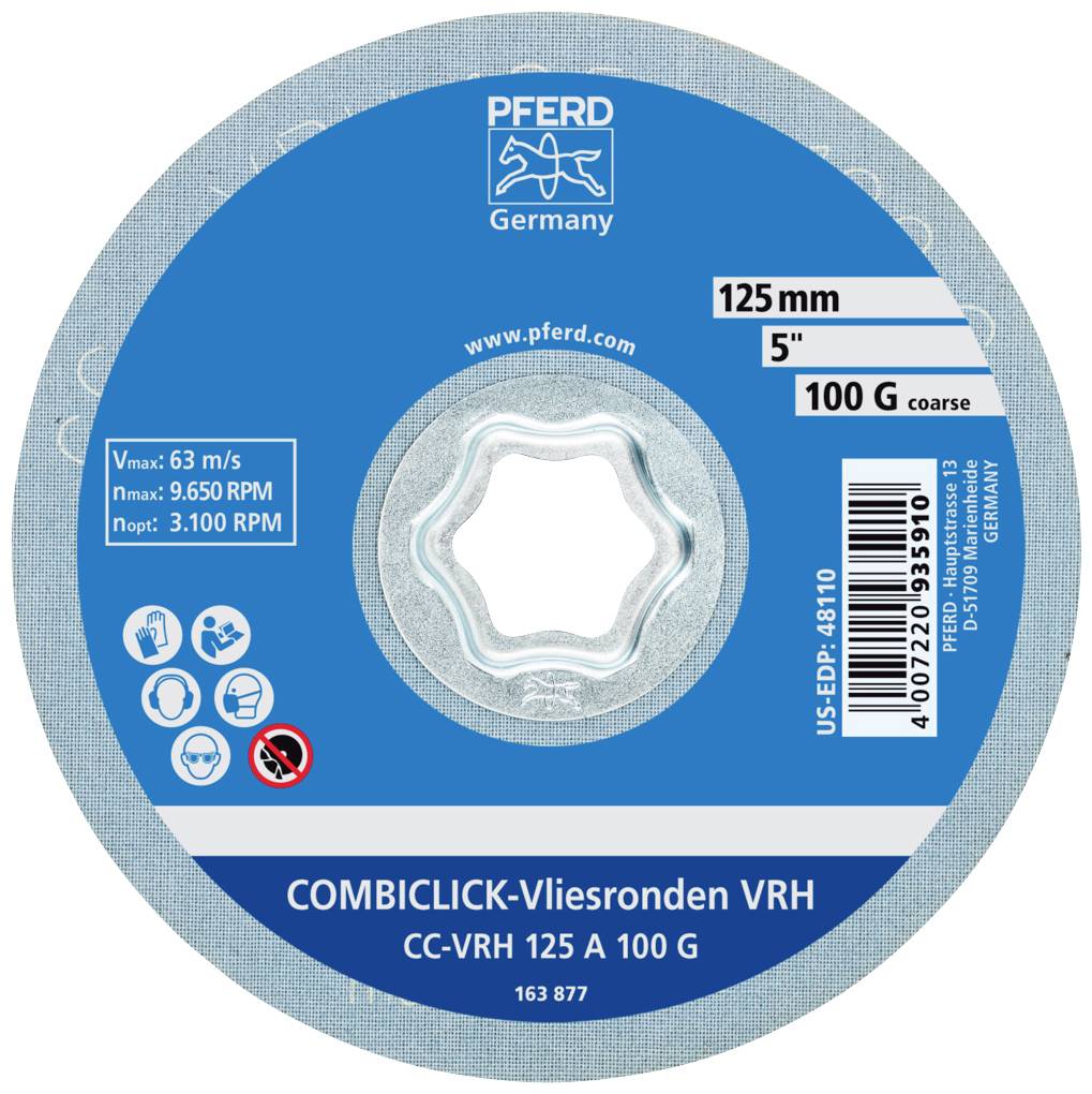 Blau-grauer Schleifscheibenaufkleber mit Angaben zur Größe: 125 mm und 5 Zoll, Körnung: 100 G, Umdrehungszahl: 9650 RPM.