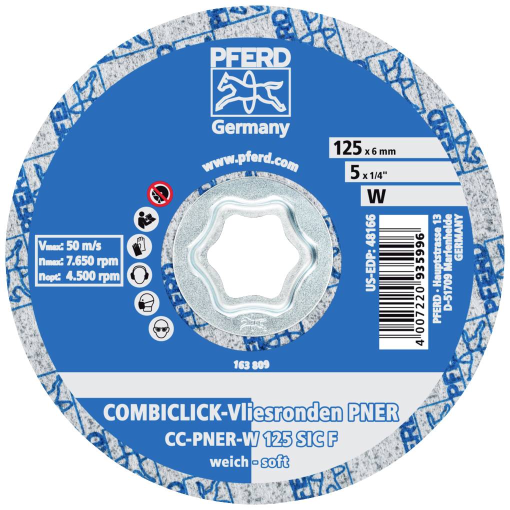 Schleifscheibe mit Aufschrift 'COMBICLICK-Vliesronden PNER, CC-PNER-W 125 SIC F, weich'. Maße: 125 x 6 mm, max. 7.650 U/min.