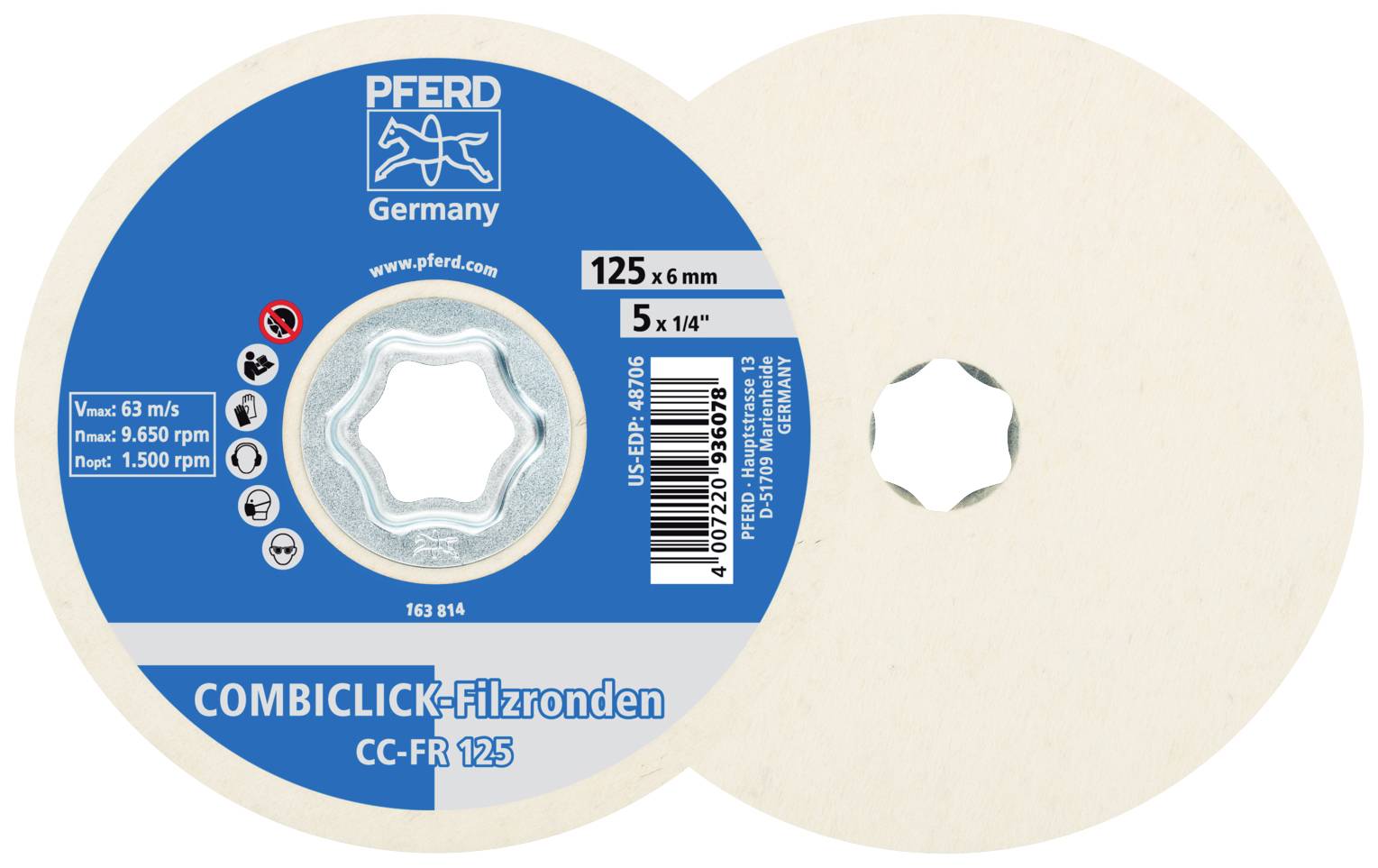 Abbildung eines Combiclick-Filzronden von PFERD. Durchmesser 125 mm, maximale Geschwindigkeit 63 m/s, 5 Stück pro Packung.