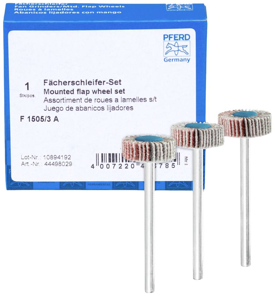 Drei Fächerschleifer mit Schaft vor einer blauen Verpackung von PFERD, Produktnummer F 1505/3 A, in verschiedenen Sprachen beschriftet.
