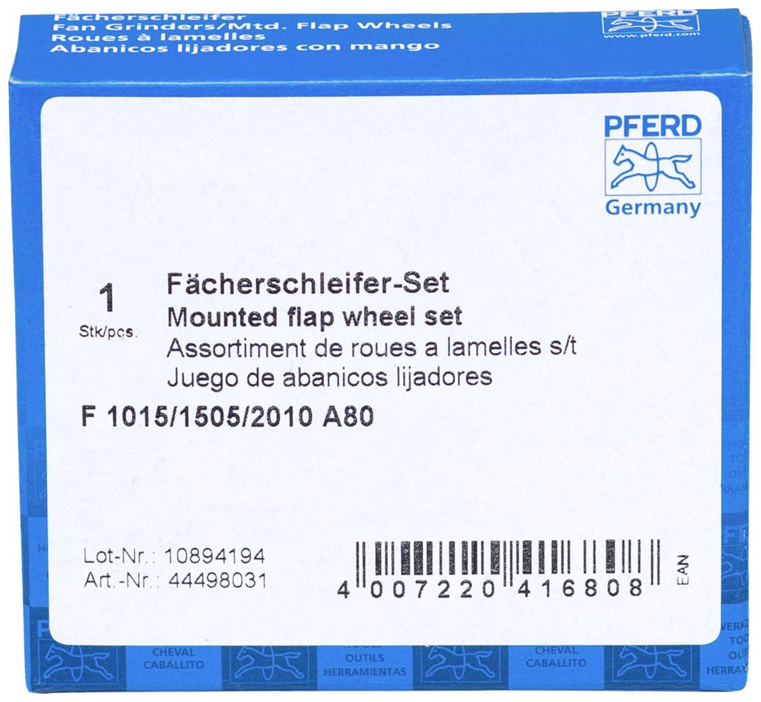 'Fächerschleifer-Set' Verpackung mit Produktdetails in mehreren Sprachen. Enthält technische Informationen und Herstellerangaben.