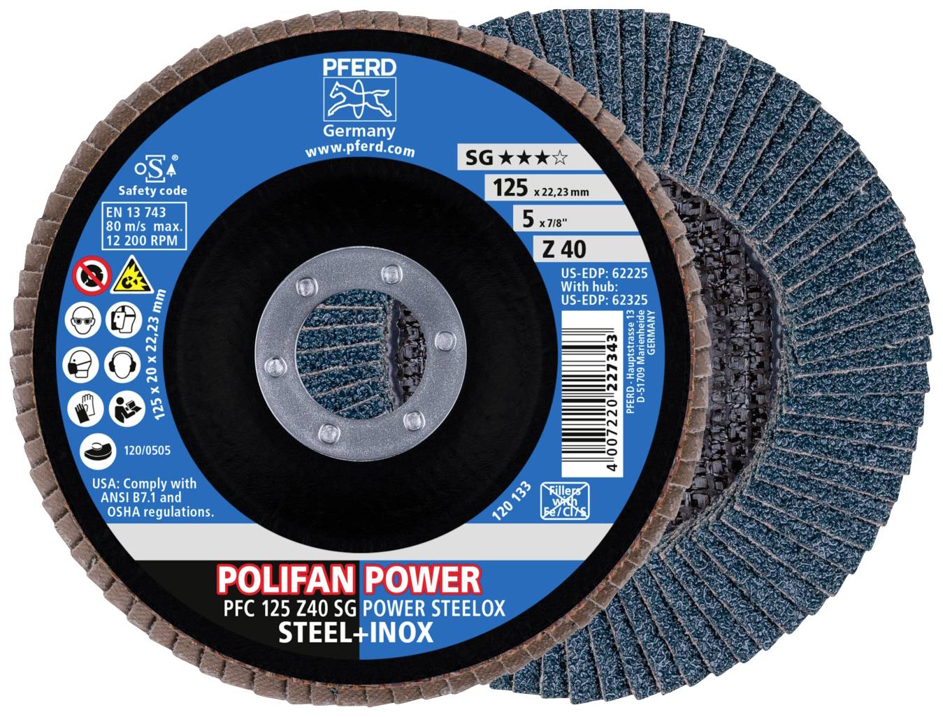 Schleifscheibe mit Etikett. Marke 'Pferd', Modell 'Polifan Power'. Durchmesser: 125 mm, max. 12.200 U/min, geeignet für Stahl und Inox.