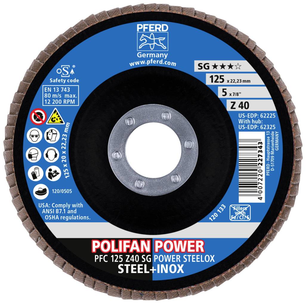 Schleifscheibe von Pferd für Stahl und Inox, Modell Polifan Power, SG 125 x 22,23 mm, mit 120 m/s max. Geschwindigkeit.