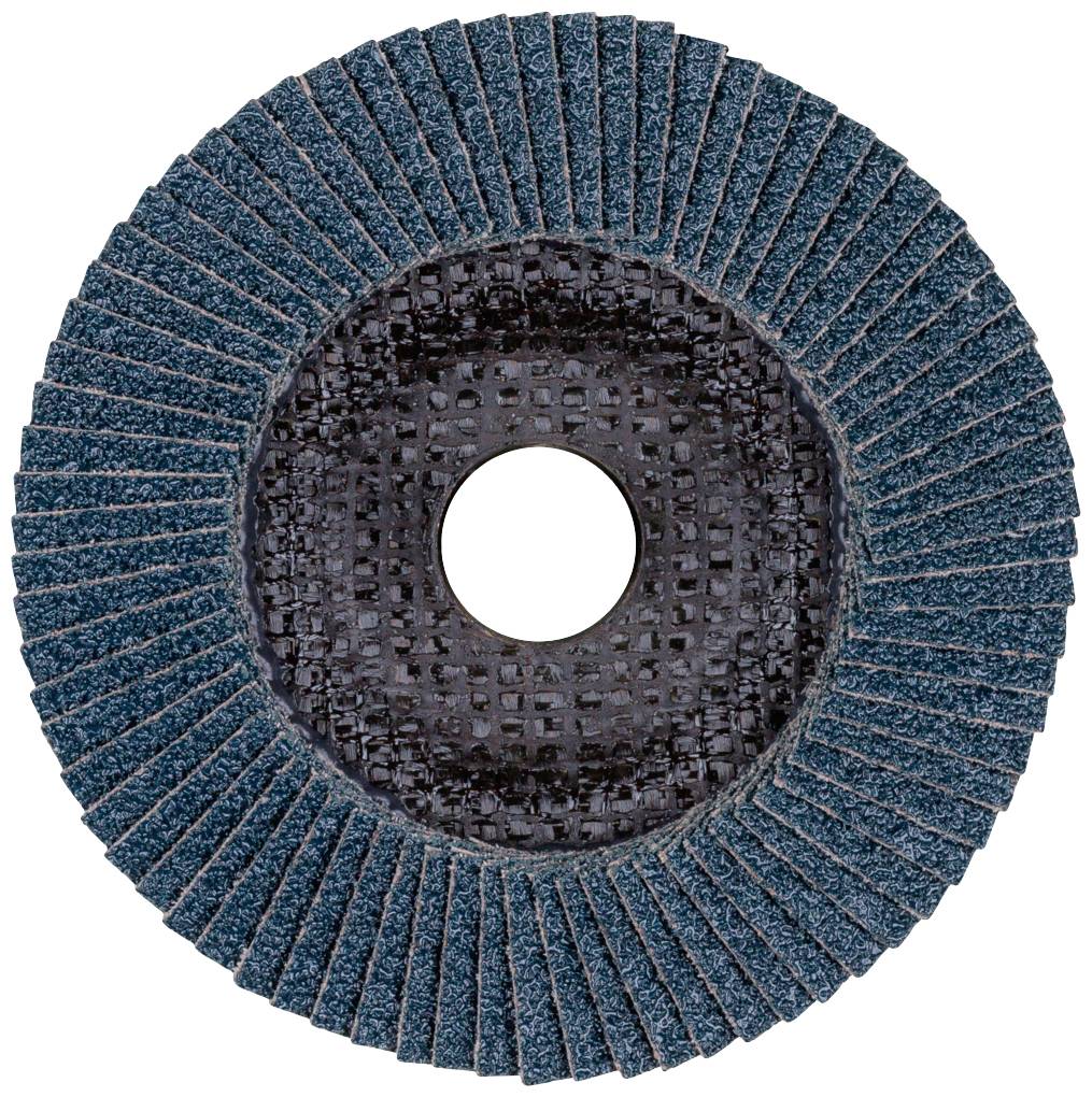 Blauer Schleifscheibe mit mittiger Öffnung und radial angeordneten Lamellen, verwendet zum Glätten von Metall- oder Holzoberflächen.