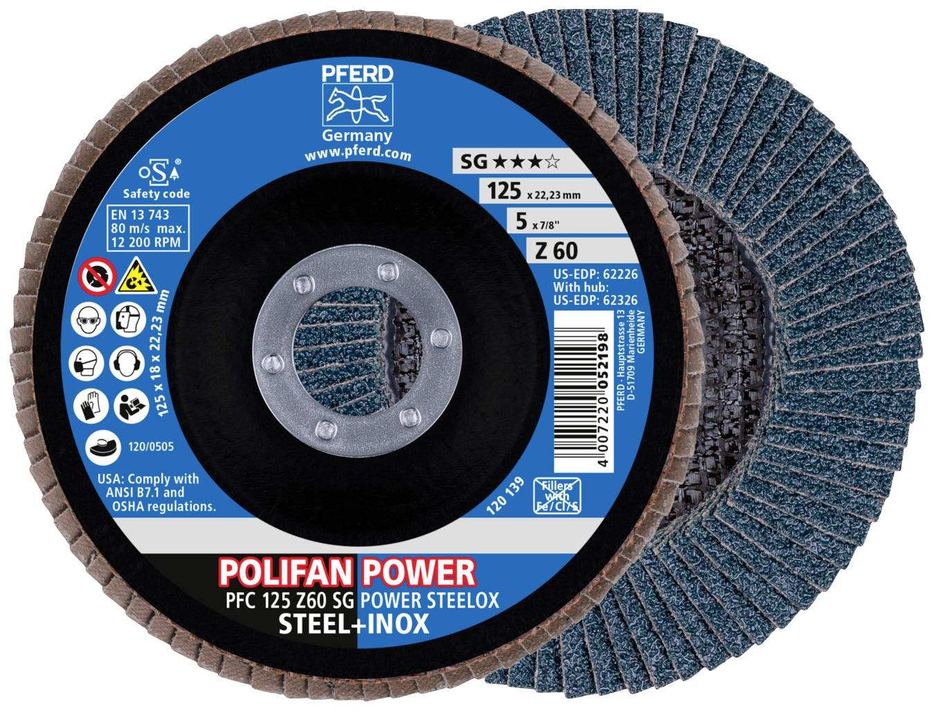 Zwei Polierscheiben von Pferd, Modell Polifan Power PFC 125 Z60 SG, für Stahl und Inox, mit Sicherheits- und Leistungsinformationen.