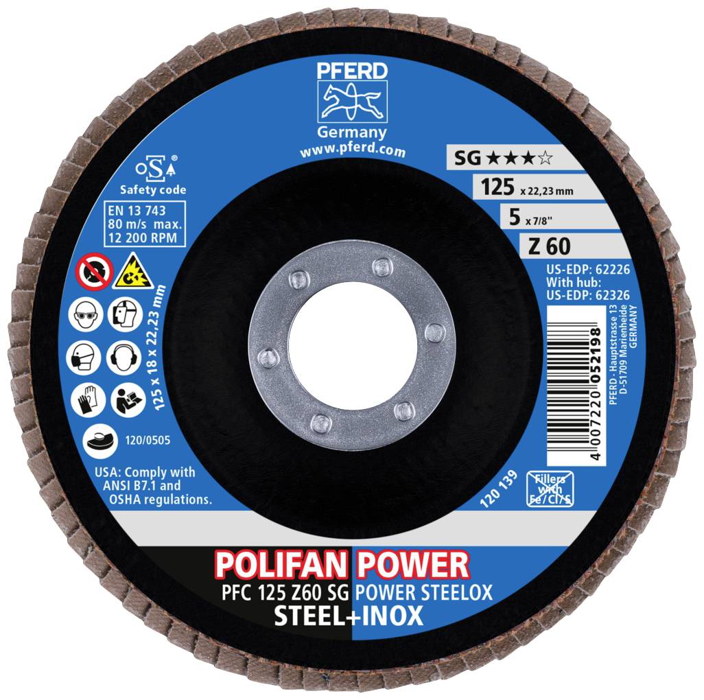 Schleifscheibe von PFERD für Stahl und Inox, Modell 'Polifan Power'. Durchmesser 125 mm, max. 12.200 RPM, geeignet für verschiedene Metalle.