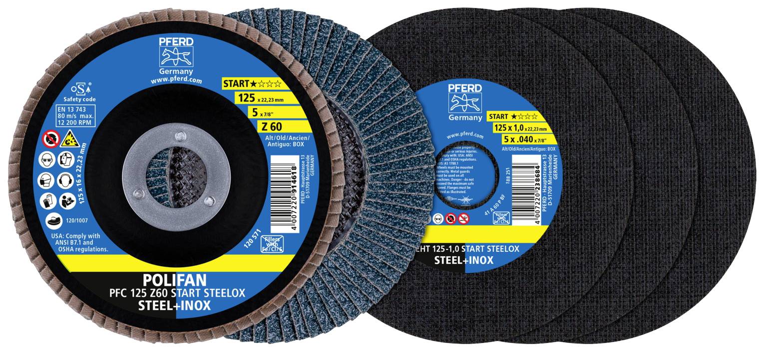 Die Abbildung zeigt mehrere Schleifscheiben der Marke PFERD mit blauen Etiketten. Hauptsächlich 'POLIFAN' für Stahl-Inox-Arbeiten.