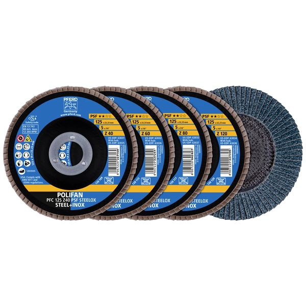 PFERD TOOLS 69198300 Fächerschleifscheibe Durchmesser 125mm Bohrungs-Ø 22.23mm Edelstahl, Stahl 1 Set PFERD TOOLS 69198300 Fächerschleifscheibe Durchmesser 125mm Bohrungs-Ø 22.23mm Edelstahl, Stahl 1 Set