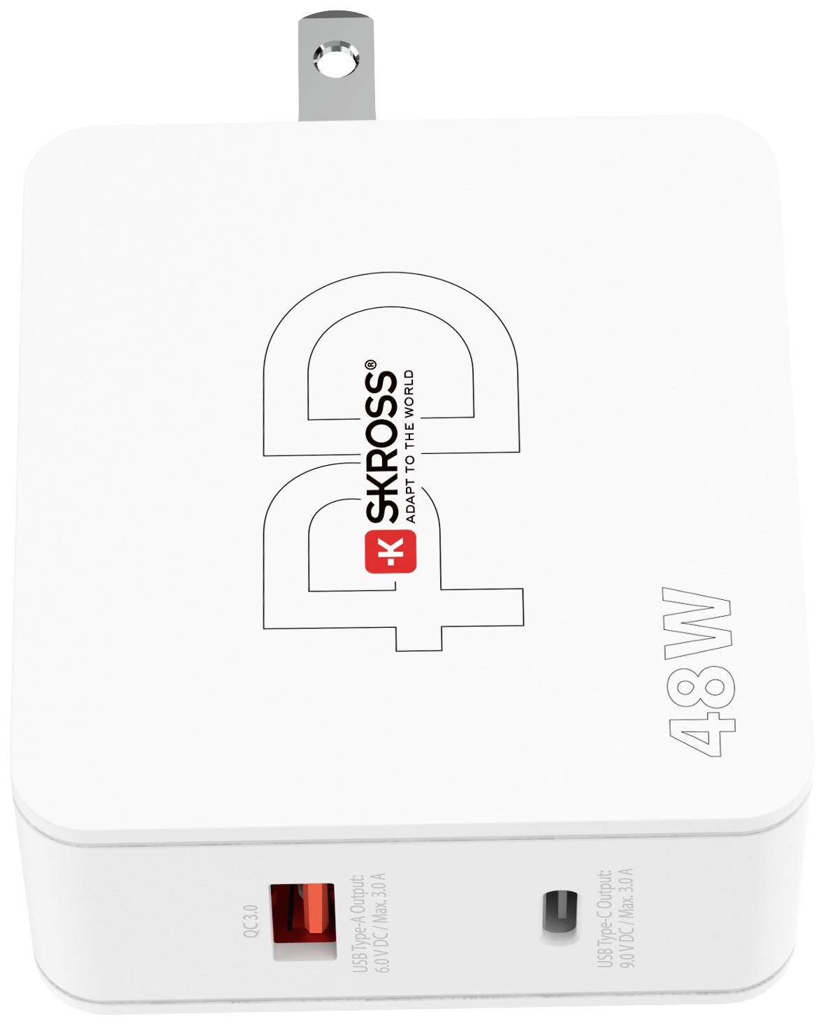 Quadratisches SKROSS Ladegerät mit 'PD' und '48 W' Aufschrift, USB-A und USB-C Ports, klappbarer Stecker.