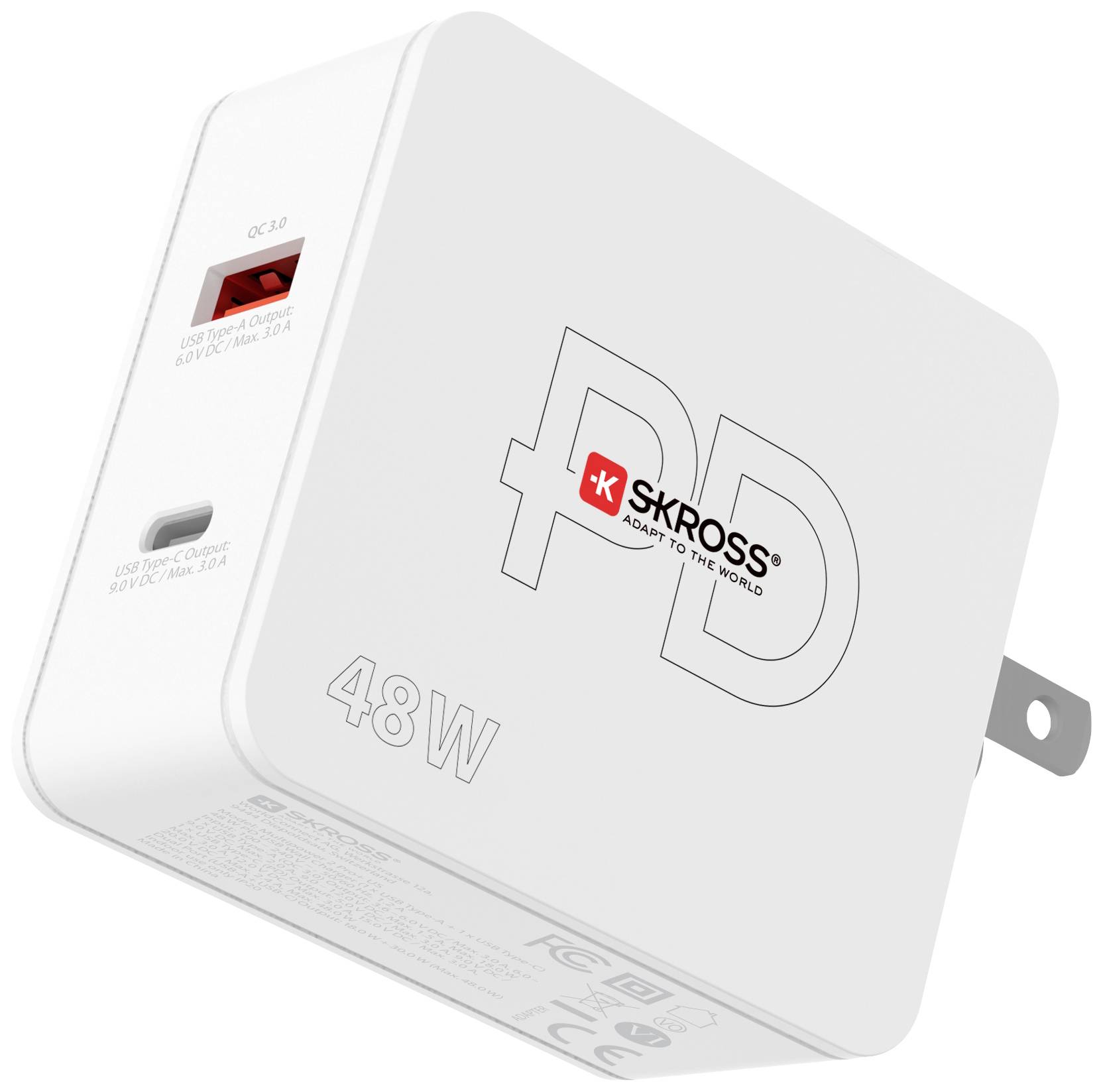 Ein weißes 48W USB-Ladegerät mit zwei Anschlüssen und SKROSS-Logo. Geeignet für schnelles Aufladen mehrerer Geräte.
