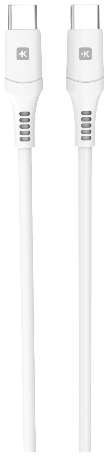 Zwei weiße USB-C-Kabel mit geriffeltem Steckerdesign liegen parallel nebeneinander.
