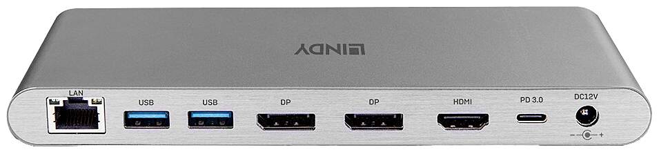 Ein silberner USB-Hub mit LAN-, USB-, DisplayPort-, HDMI- und USB-C-Anschlüssen.