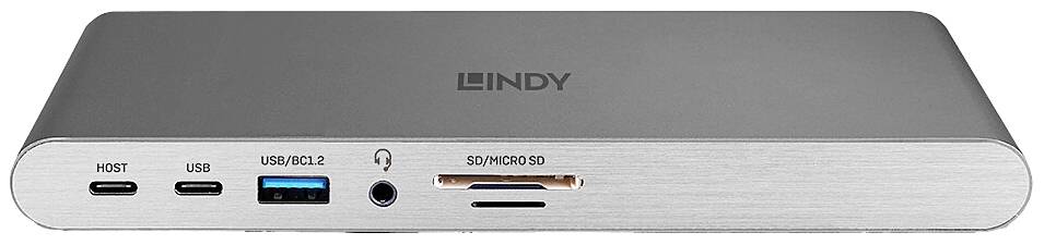 Ein USB-C-Dock von LINDY mit Anschlüssen für Host, USB, USB/PD 3.0, Audio und SD/MicroSD-Karten. Geeignet für umfassende Konnektivität.