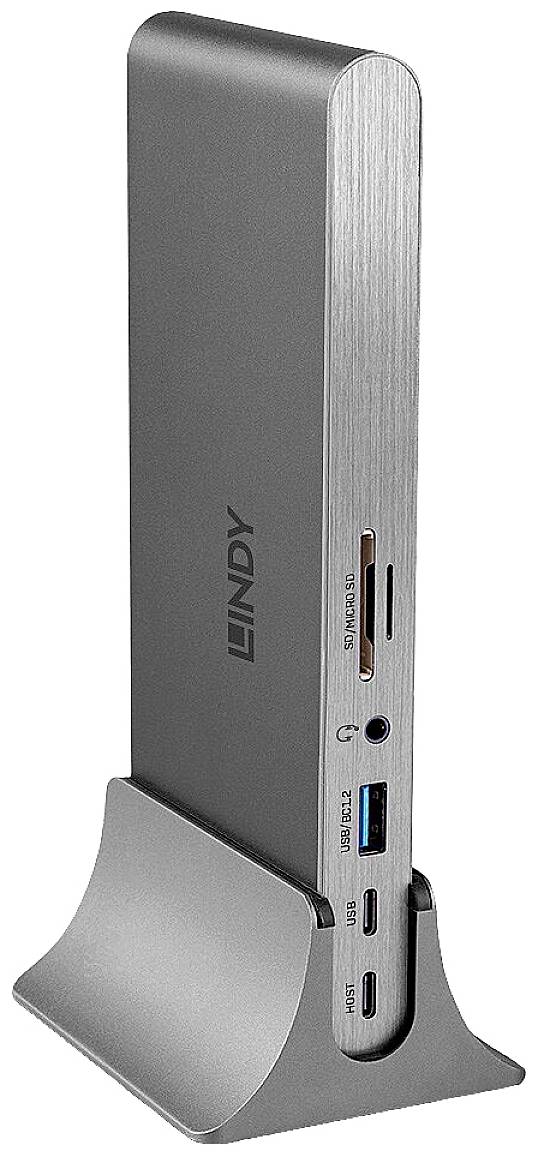 Eine silberne Dockingstation mit mehreren Anschlüssen, einschließlich USB und Speicherkartensteckplätzen, steht vertikal auf einem Standfuß.