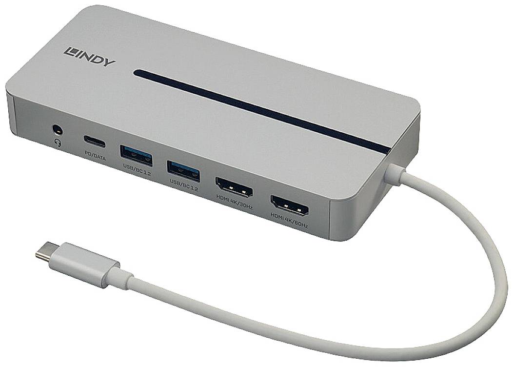 Ein silberner USB-C-Hub mit mehreren Anschlüssen: USB-C, zwei USB 3.0 und zwei HDMI. Verbindet verschiedene Geräte mit einem Computer.