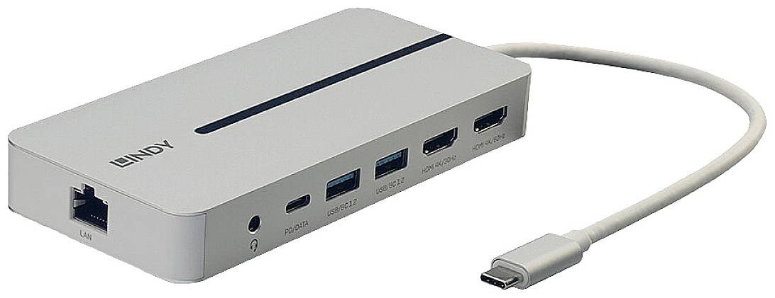 Ein silberner USB-C-Hub mit mehreren Anschlüssen: LAN, PD3.0, USB 3.2, HDMI und VGA-Anschlüsse, mit integriertem Kabel.