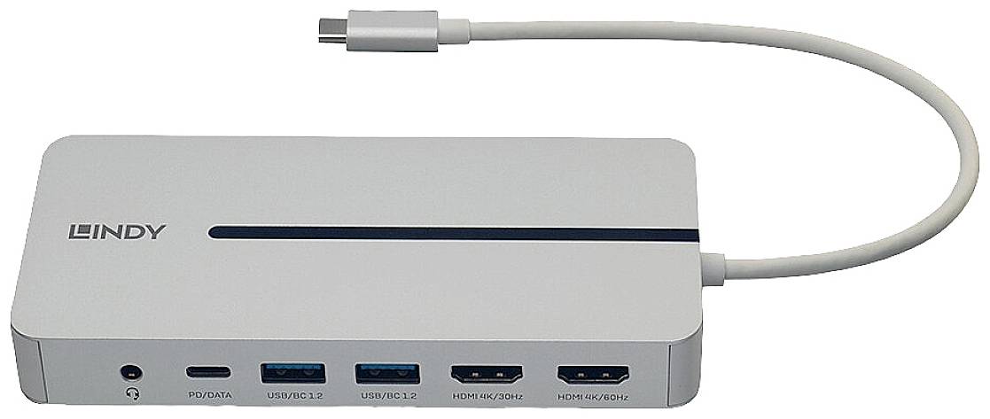 Ein graues USB-C-Dockingstation mit verschiedenen Anschlüssen: USB-C, zweimal USB-A, HDMI und DisplayPort.