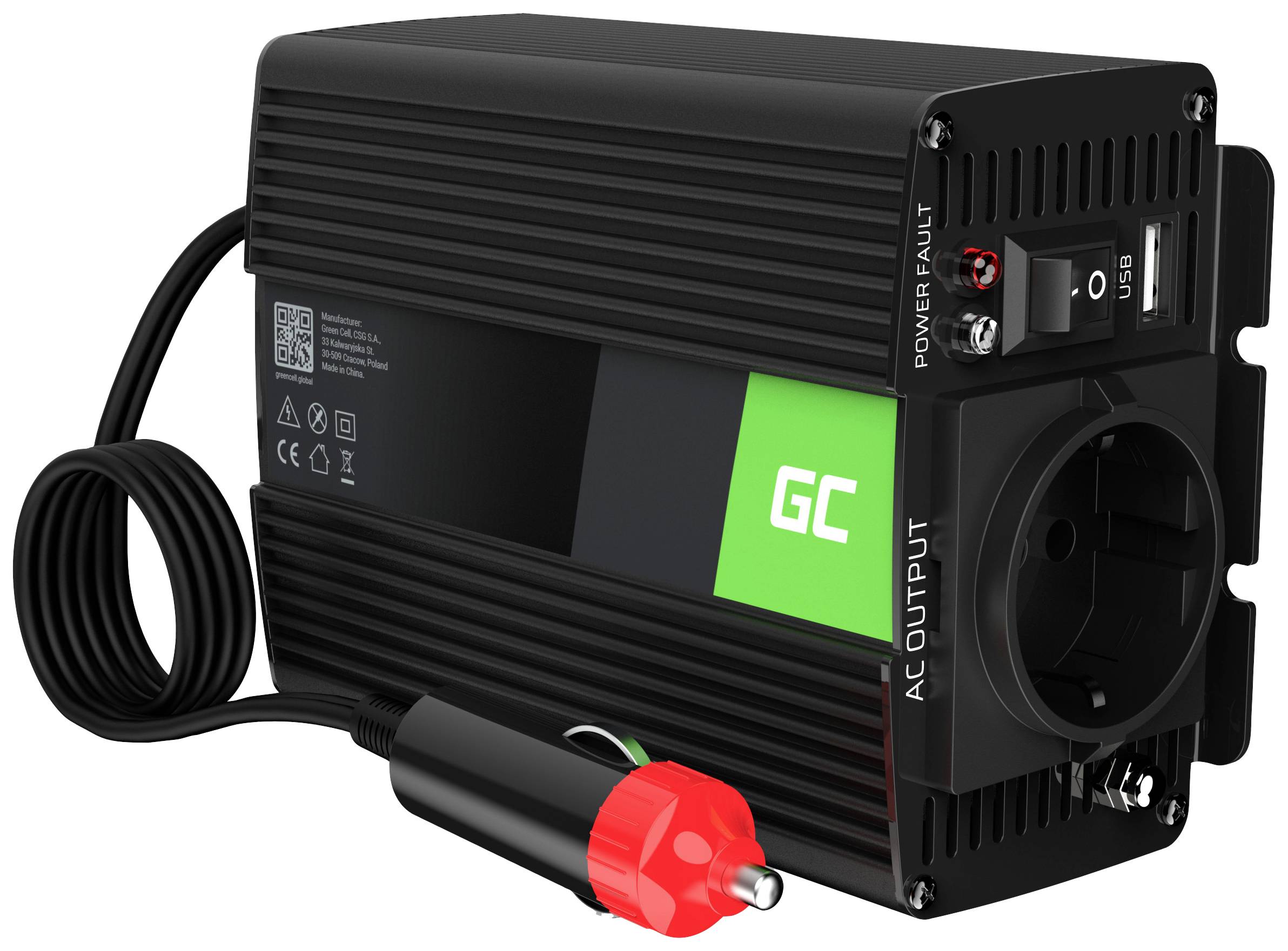 Schwarzer Spannungswandler mit rotem Stecker, grünem Display und USB-Anschluss, geeignet für den Betrieb von Geräten in Fahrzeugen.