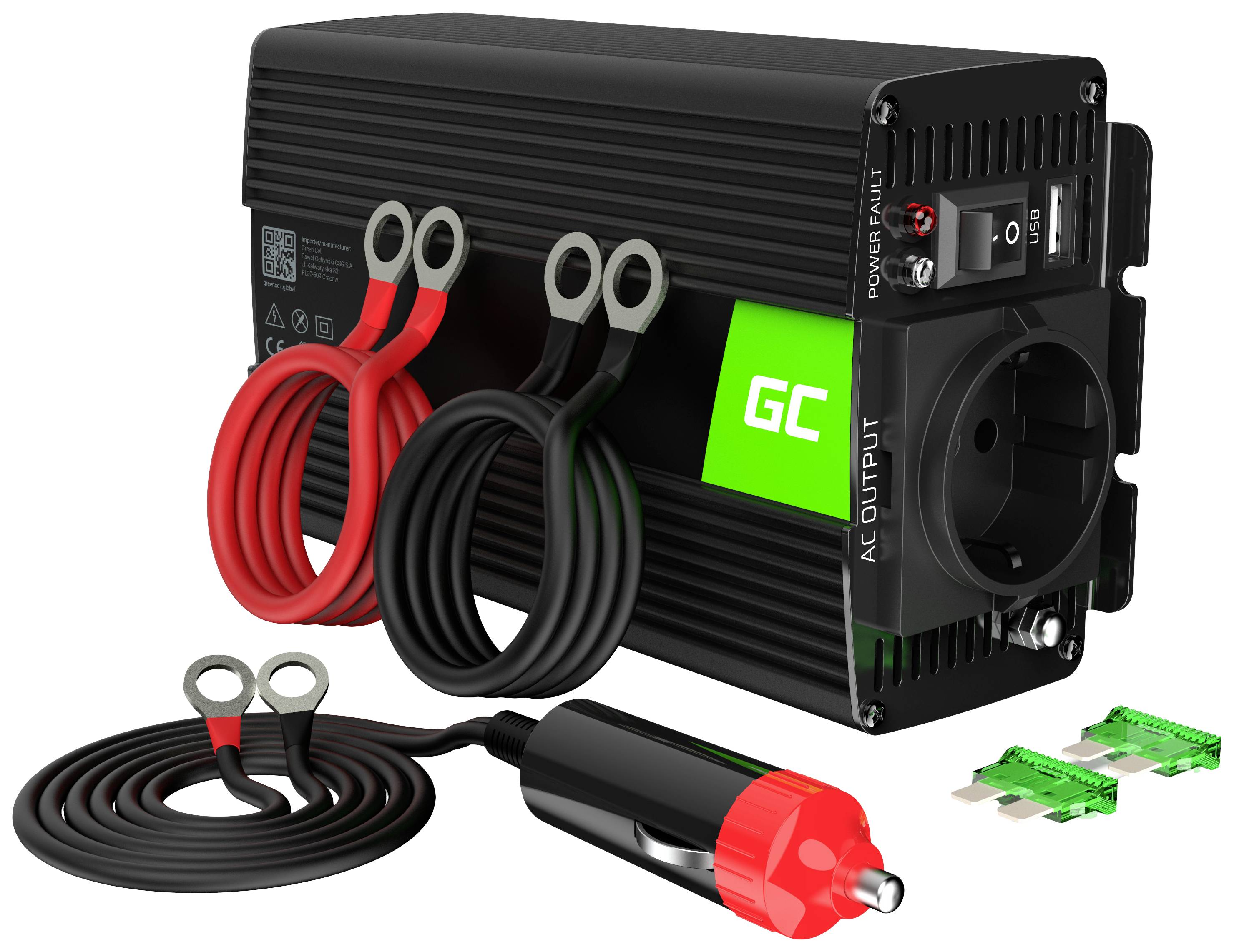 Schwarz-roter Spannungswandler mit Steckdose, USB-Anschluss und Kabeln. Geeignet für Auto-Montage. Enthält Sicherungen und Zigarettenanzünder-Stecker.