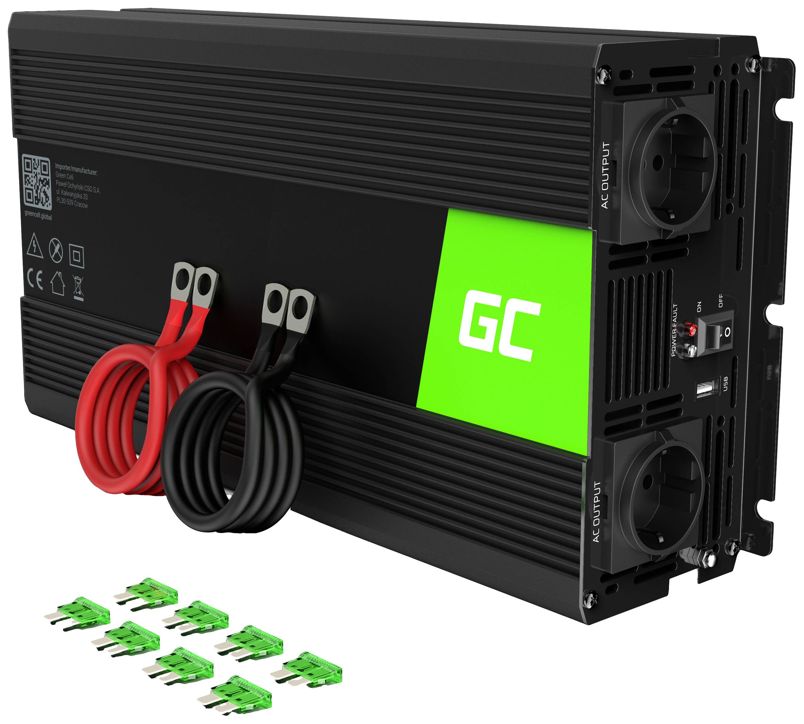 Schwarzer Spannungswandler mit zwei Steckdosen und Schaltern. Enthält rote und schwarze Kabel, grüne Sicherungen daneben.