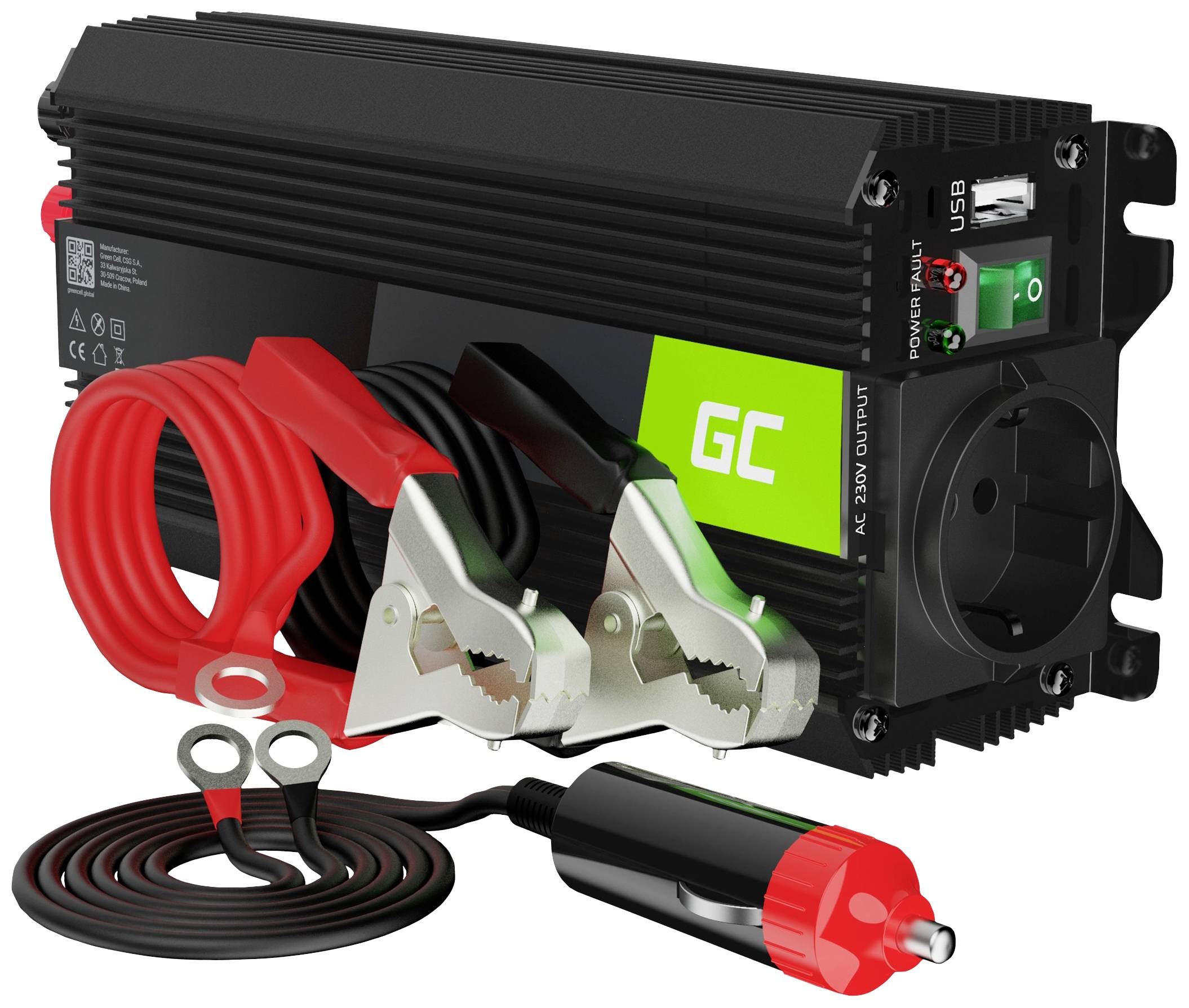 'Spannungswandler' mit Klemmen, Steckdose und USB-Anschlüssen, für Umwandlung von Gleichstrom 12V zu Wechselstrom 230V, Mobilgebrauch geeignet.