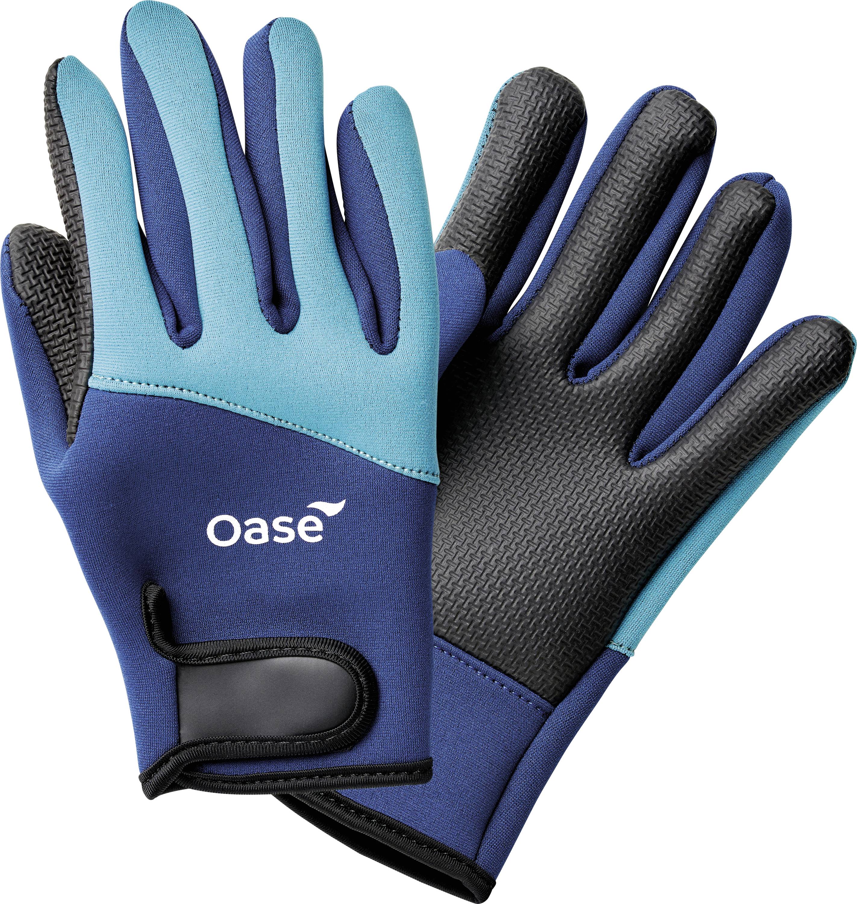 Ein Paar blau-petrolgrüne Gartenhandschuhe mit dem Wort 'Oase' auf einem Handschuh. Ein Handschuh liegt mit der Handfläche nach oben und zeigt einen strukturierten schwarzen Grip.