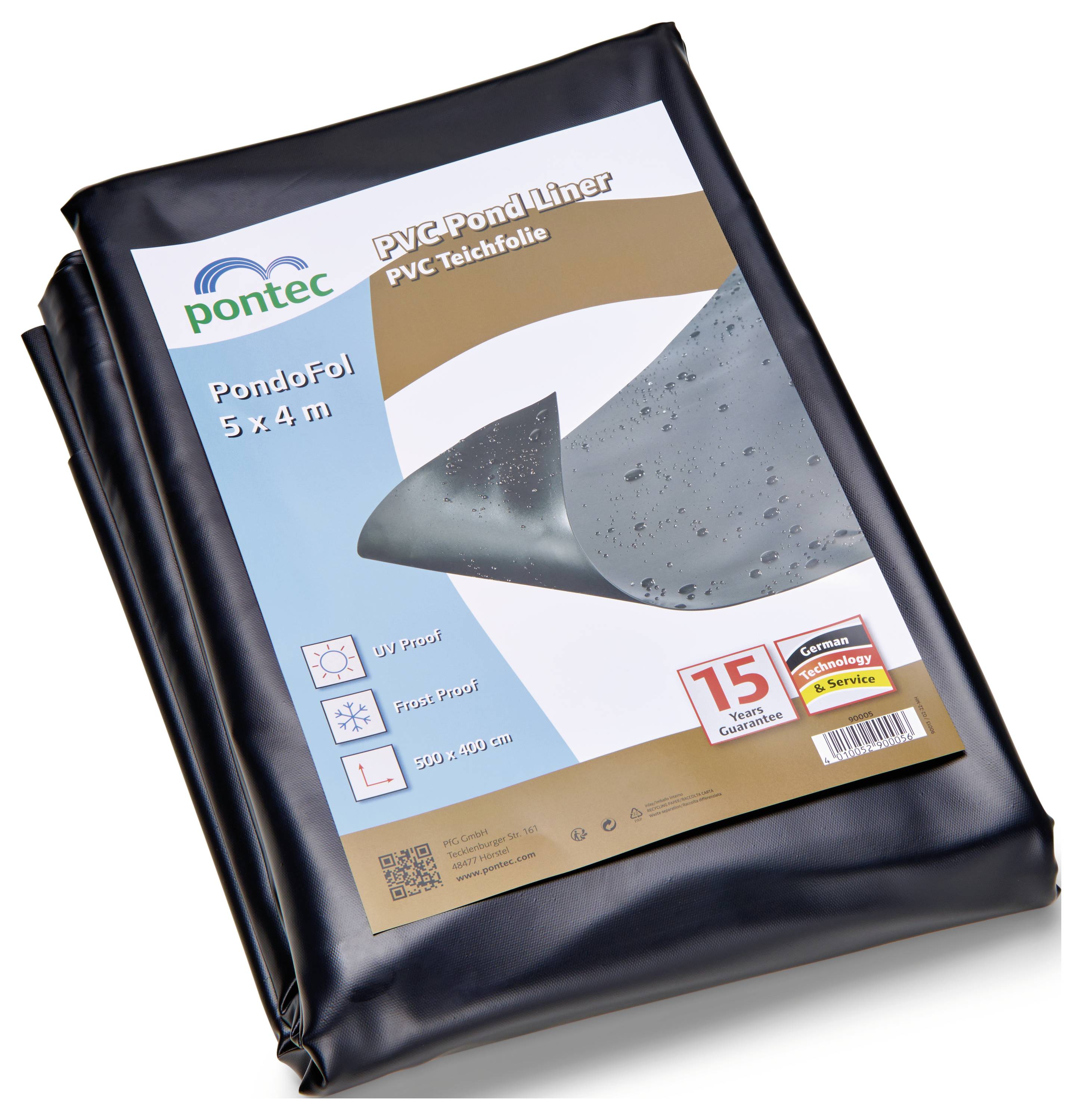 PVC-Teichfolie der Marke 'Pontec' für Teiche mit 5x4m, ausgestattet mit UV- und Frostschutz, inklusive 15-jähriger Garantie von einem deutschen Hersteller.