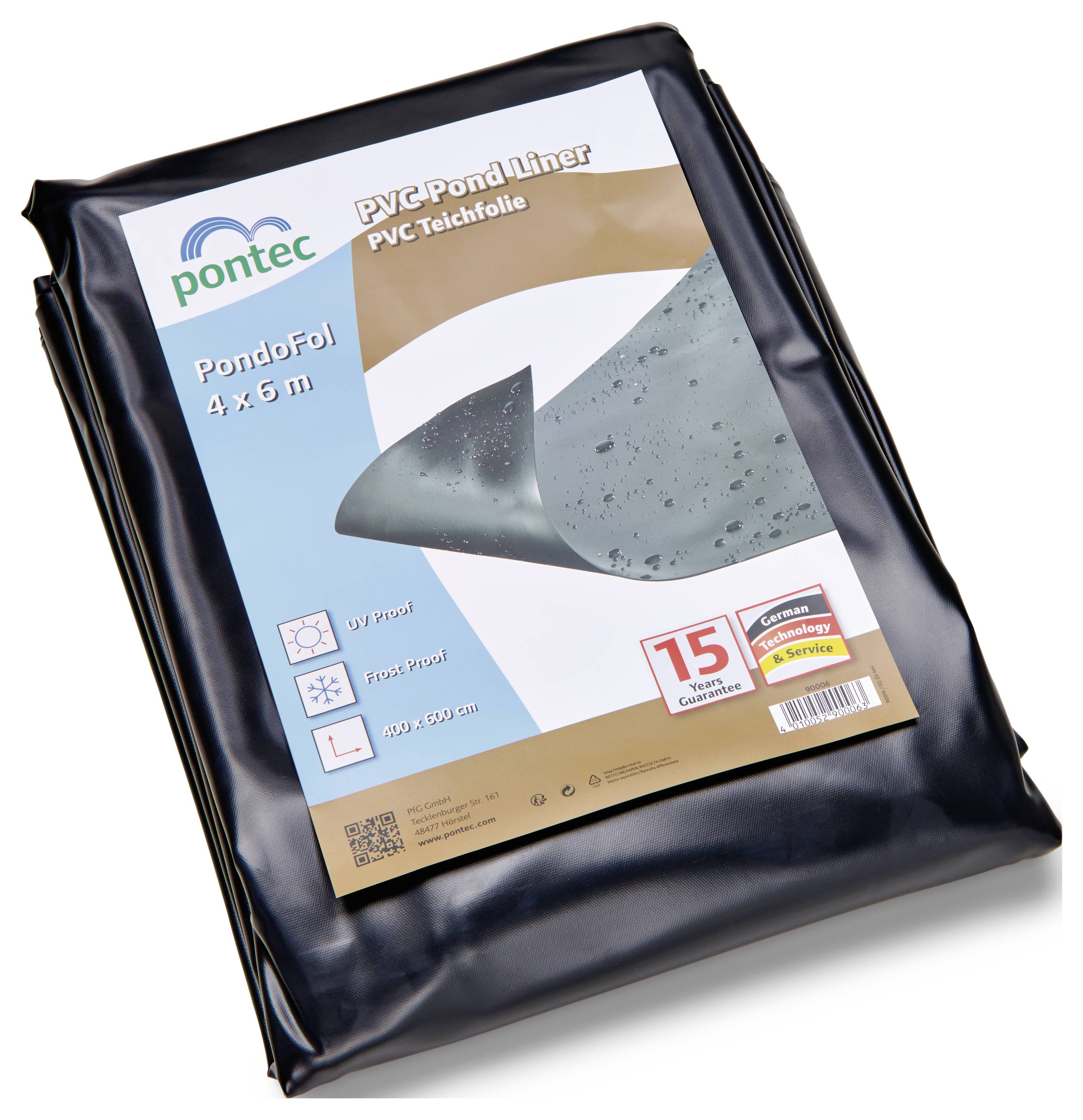 PVC Teichfolie Verpackung mit Beschriftung 'PondoFol 4x6m'. Mit Symbolen für wasserdicht und frostbeständig, 15 Jahre Garantie, Marke 'pontec', Abmessungen 400x600 cm.