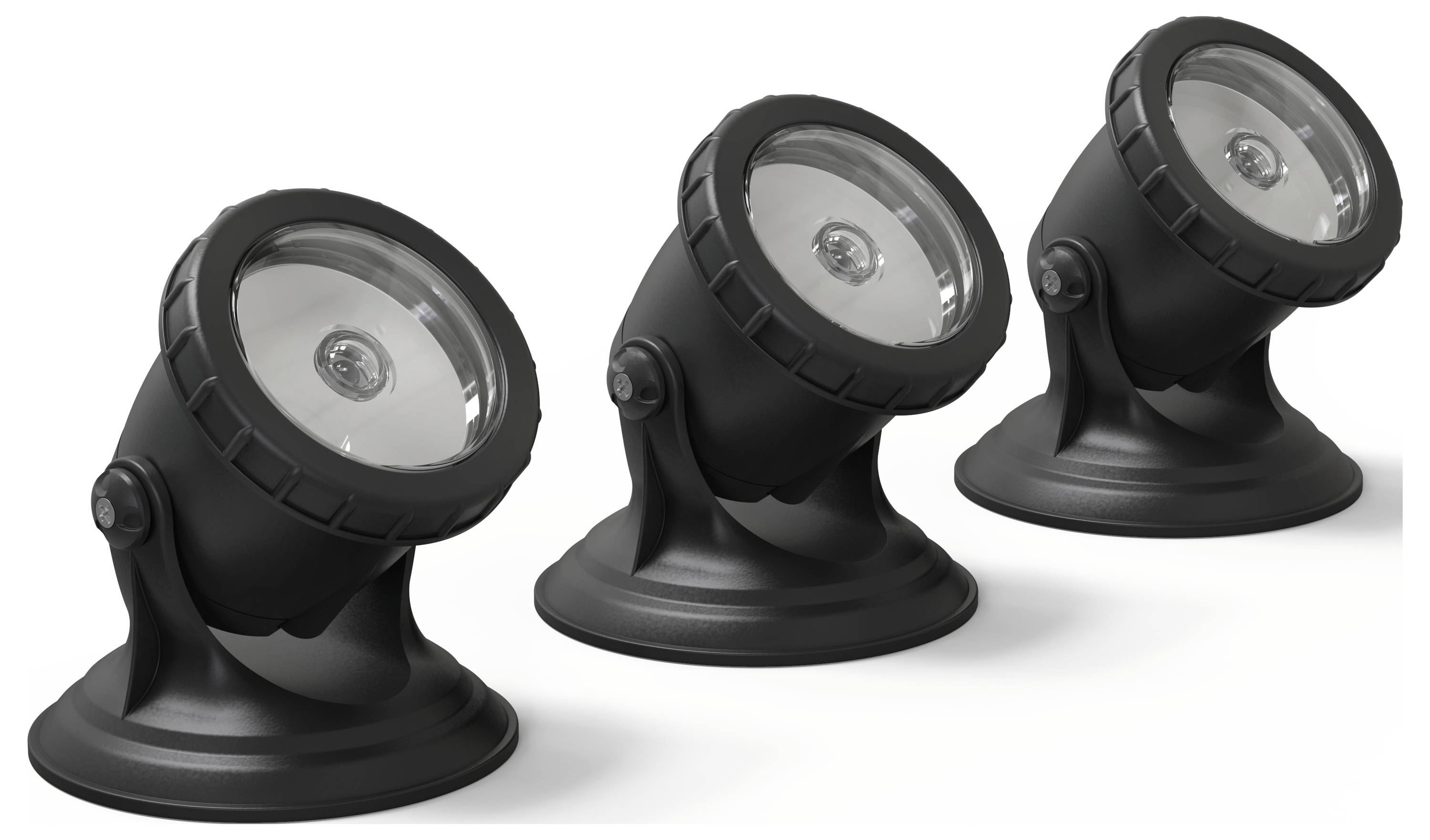 Drei identische schwarze Scheinwerfer in einer Reihe angeordnet, jeder auf einer runden Basis und leicht nach oben geneigt, die ihr Design präsentieren.