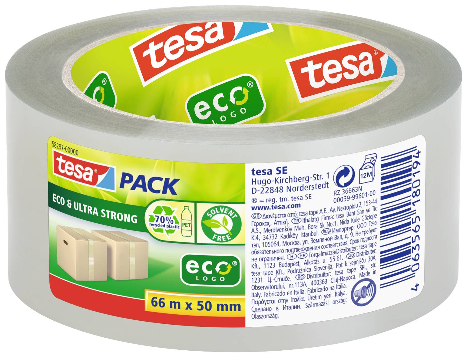 Klebebandrolle von 'tesa' mit grünem 'ecoLogo' und Aufschrift 'ECO & ULTRA STRONG', 66 m x 50 mm, für Verpackung von Kartons geeignet.