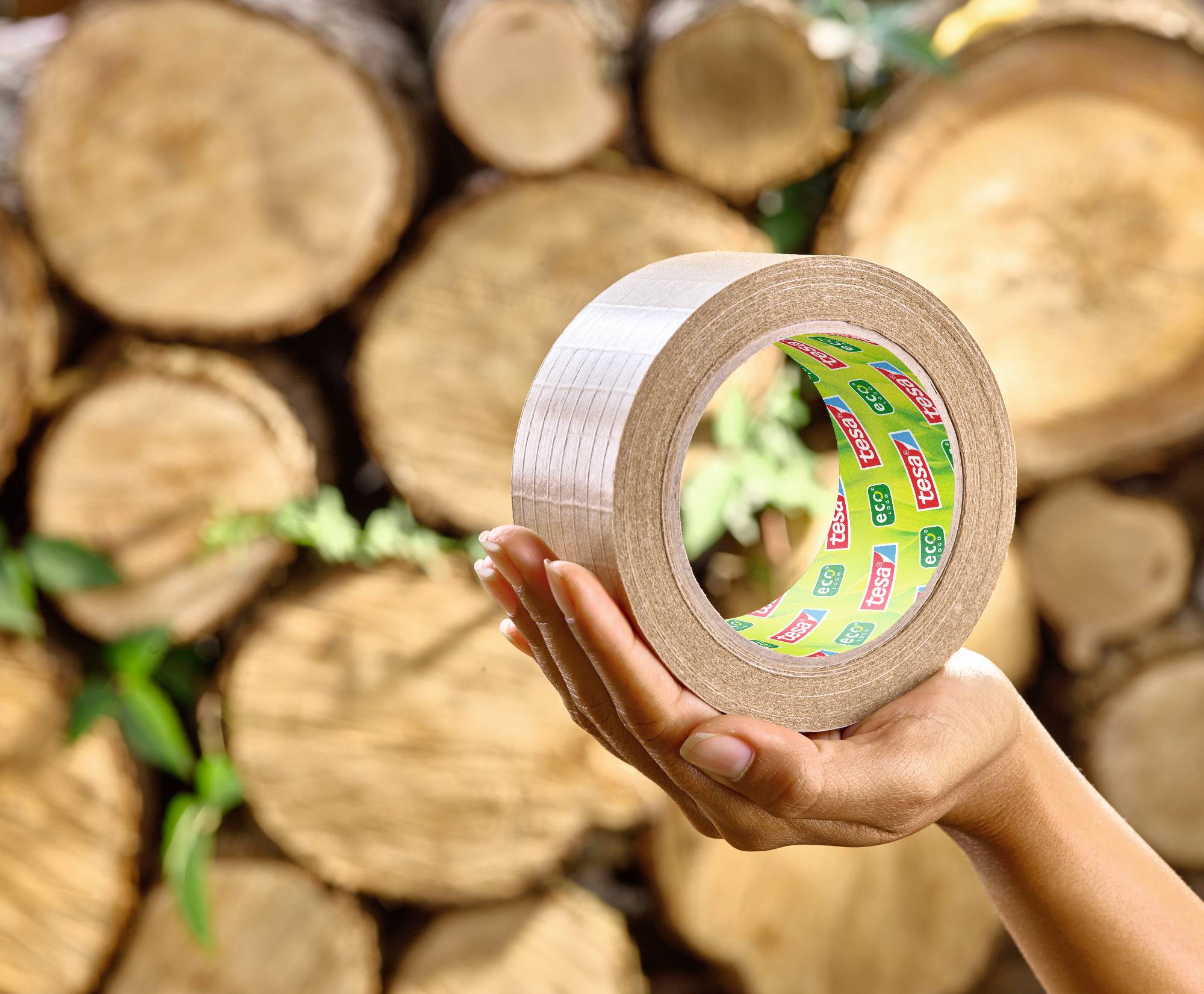 Eine Hand hält eine Rolle durchsichtiges Klebeband vor einem Hintergrund aus gestapelten Holzscheiten.