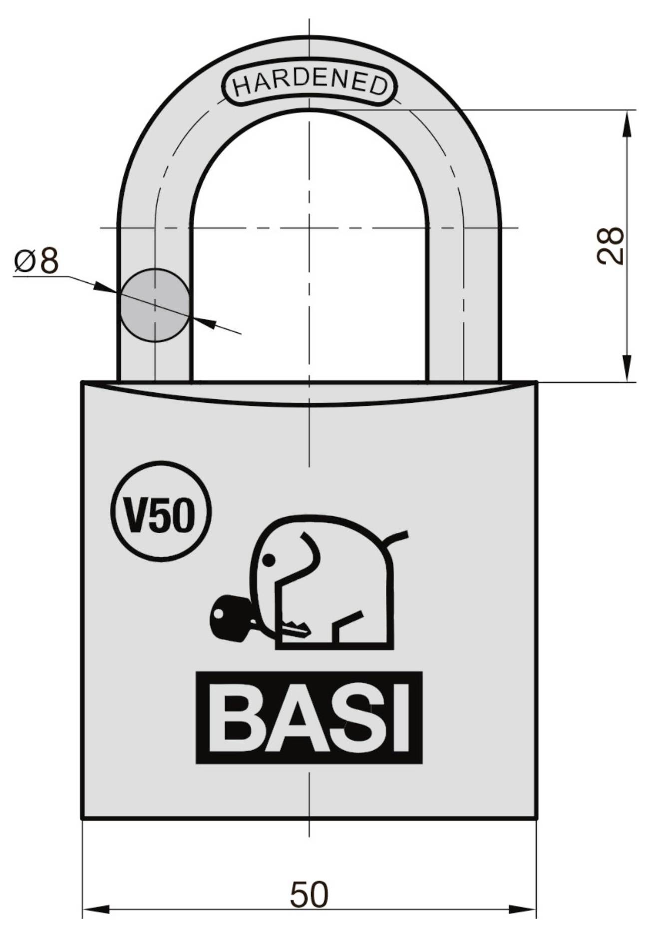 Technische Zeichnung eines BASI-Schließzylinders mit detaillierten Abmessungen: Breitenoptionen von 30 bis 60 mm, Höhe von 33,3 mm und Bohrloch-Durchmesser von 17 mm.
