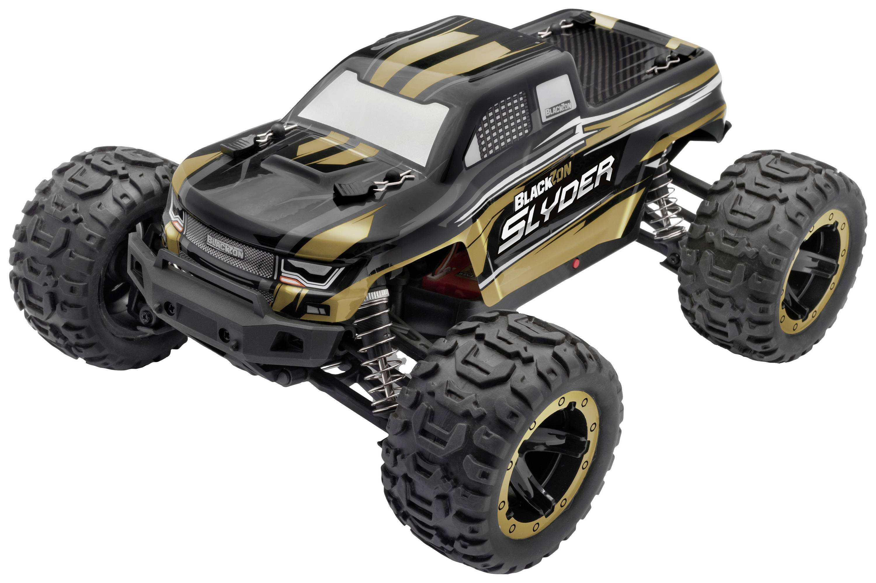 Ein ferngesteuertes Auto in Schwarz und Gold mit der Aufschrift 'Blackout Slider' auf der Seite, steht auf groben Offroad-Reifen.
