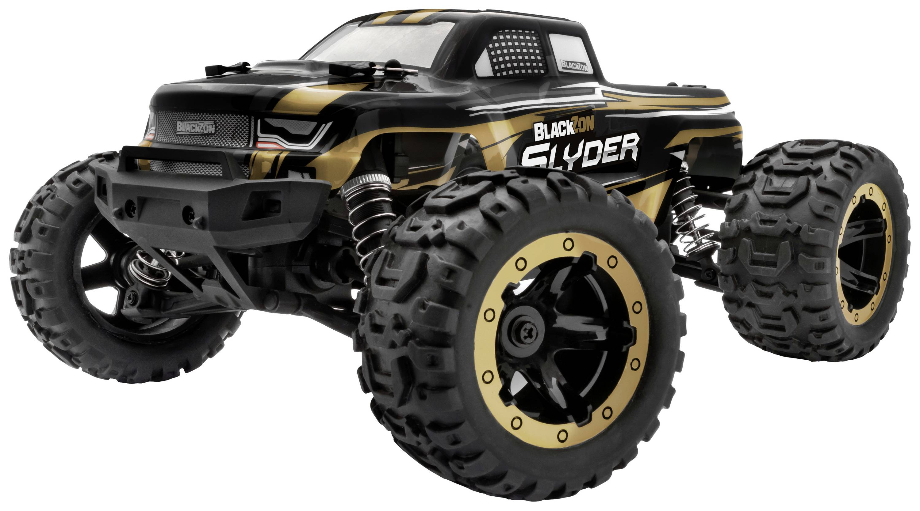 Ein schwarzes, ferngesteuertes Auto mit gelben Akzenten und der Aufschrift 'BLACKION SLIDER' auf der Seite. Offroad-Räder sind groß und robust.