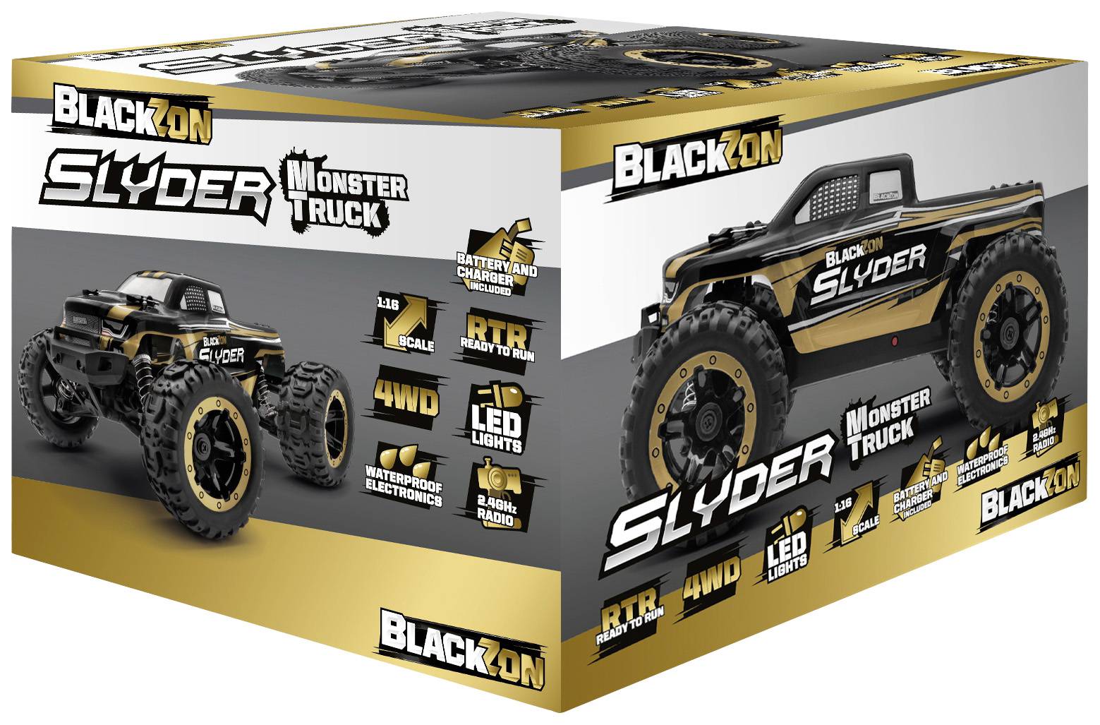 Bild eines BlackZon Slyder Monstertrucks in Schwarz und Gold auf der Verpackung. Details: 1:16 Maßstab, 4WD, LED Lichter, wasserfest, inkl. Batterie und Ladegerät.