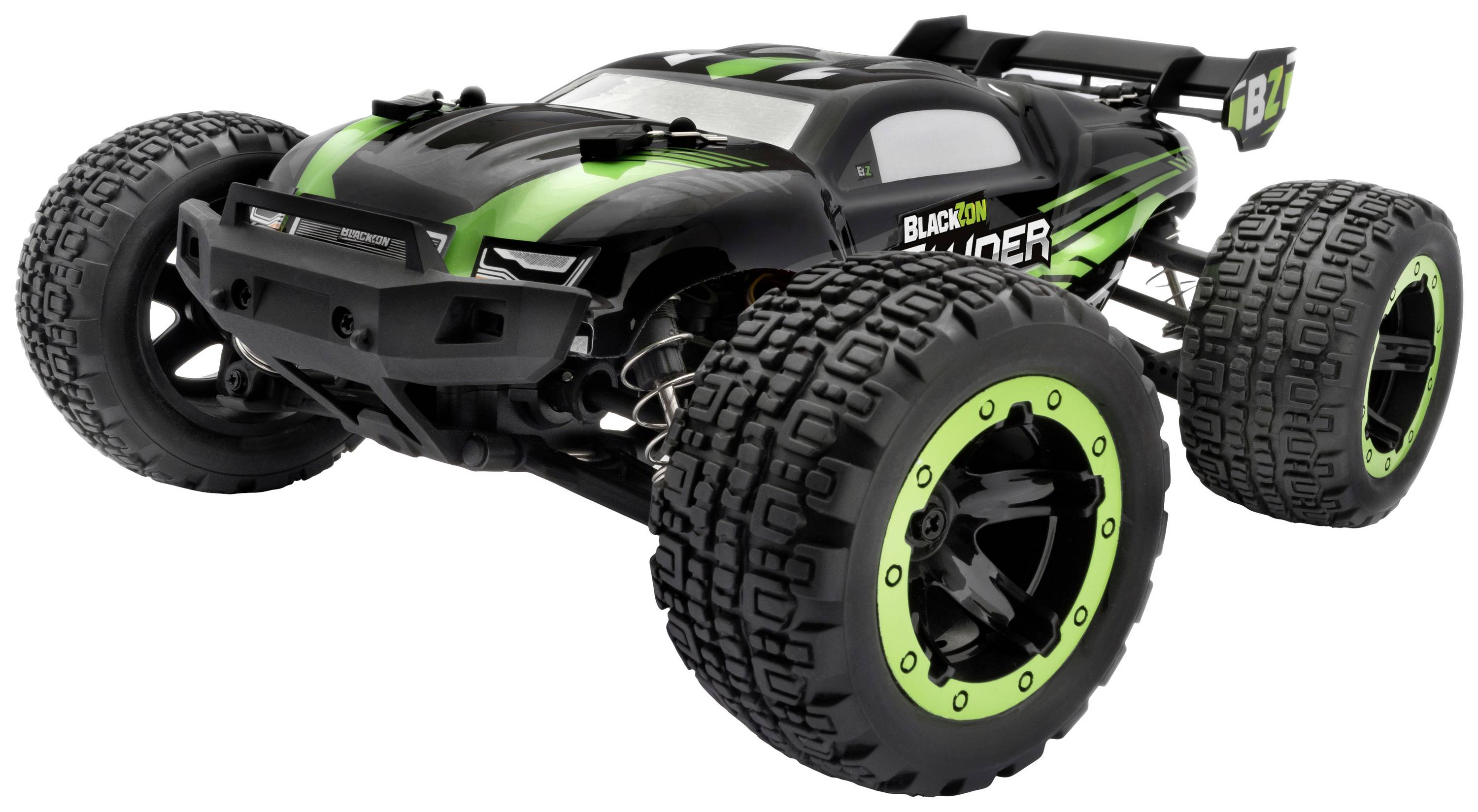 Ein Spielzeug-RC-Auto mit schwarzen und grünen Streifen. Große Reifen und ein robustes Chassis für Offroad-Abenteuer.