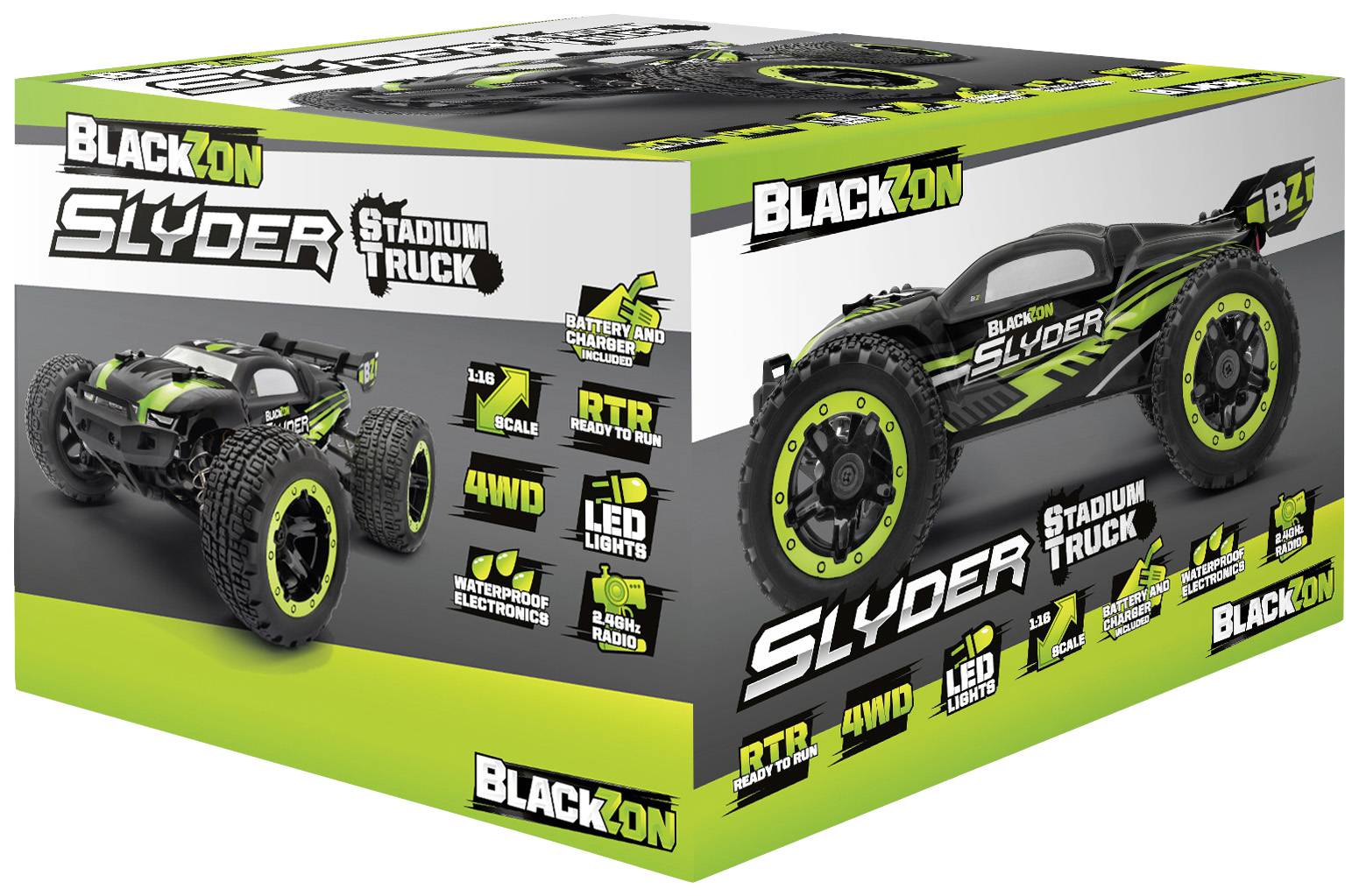 Ein ferngesteuertes Modellauto 'Blackzon Slyder Stadium Truck' in einer Verpackung. Enthält Details zu Funktionen wie 4WD, LED-Lichter und Wasserdichtigkeit.