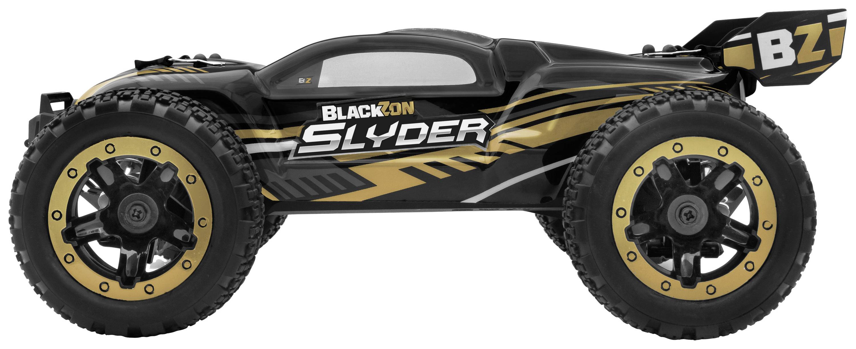 Ein schwarz-goldenes Spielzeug-Auto mit der Aufschrift 'BlackZon Slyder'. Offenes Design mit großen, robusten Reifen.
