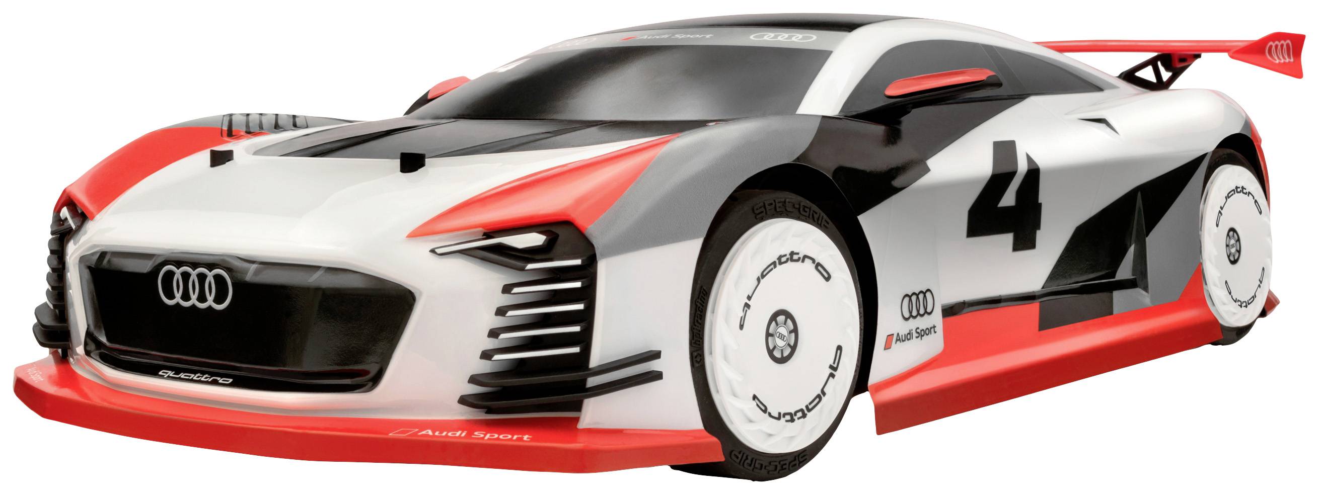 Spielzeugauto im Rennwagen-Design, überwiegend rot, schwarz und weiß. Nummer 4 auf den Seiten, Audi-Logo auf der Vorderseite.