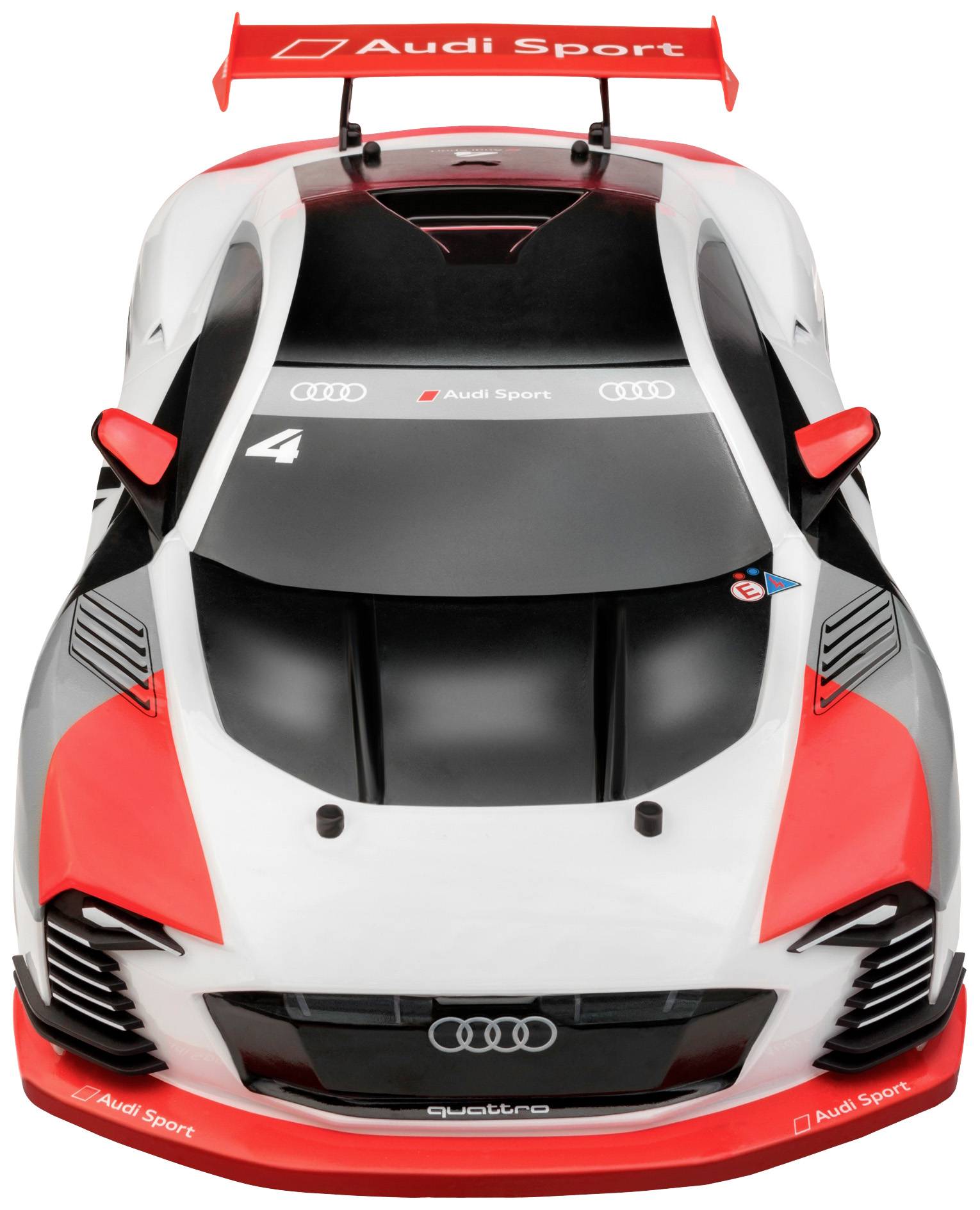 Ein Audi Sport-Rennauto-Modell mit rotem und grauem Design, gesehen von oben. Nummer 4 und Audi-Logos sind sichtbar.