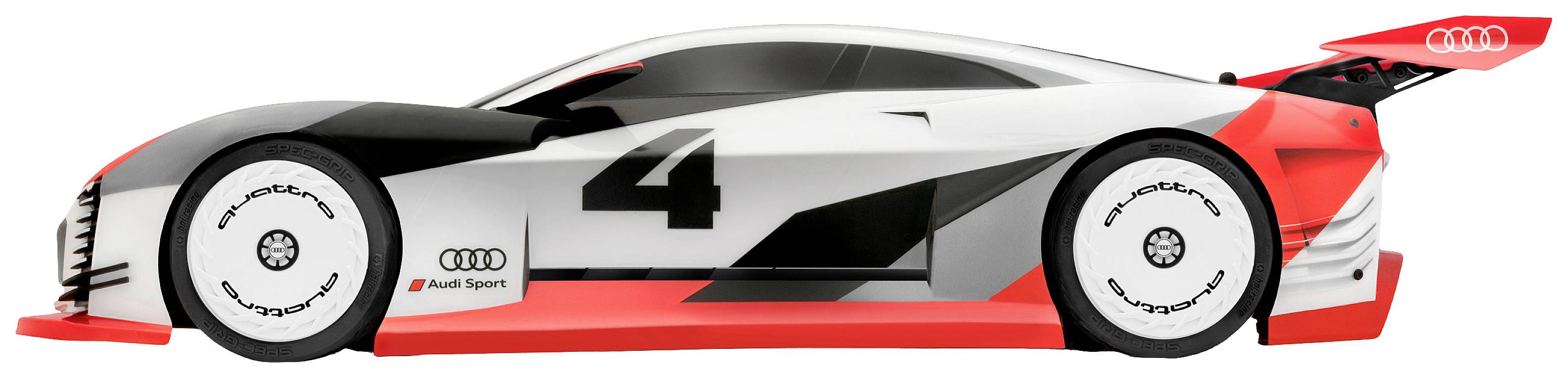 Ein weiß-rotes Modellauto mit der Nummer 4. Es hat ein sportliches Aussehen mit geometrischem Design und Audi-Logos an den Seiten.