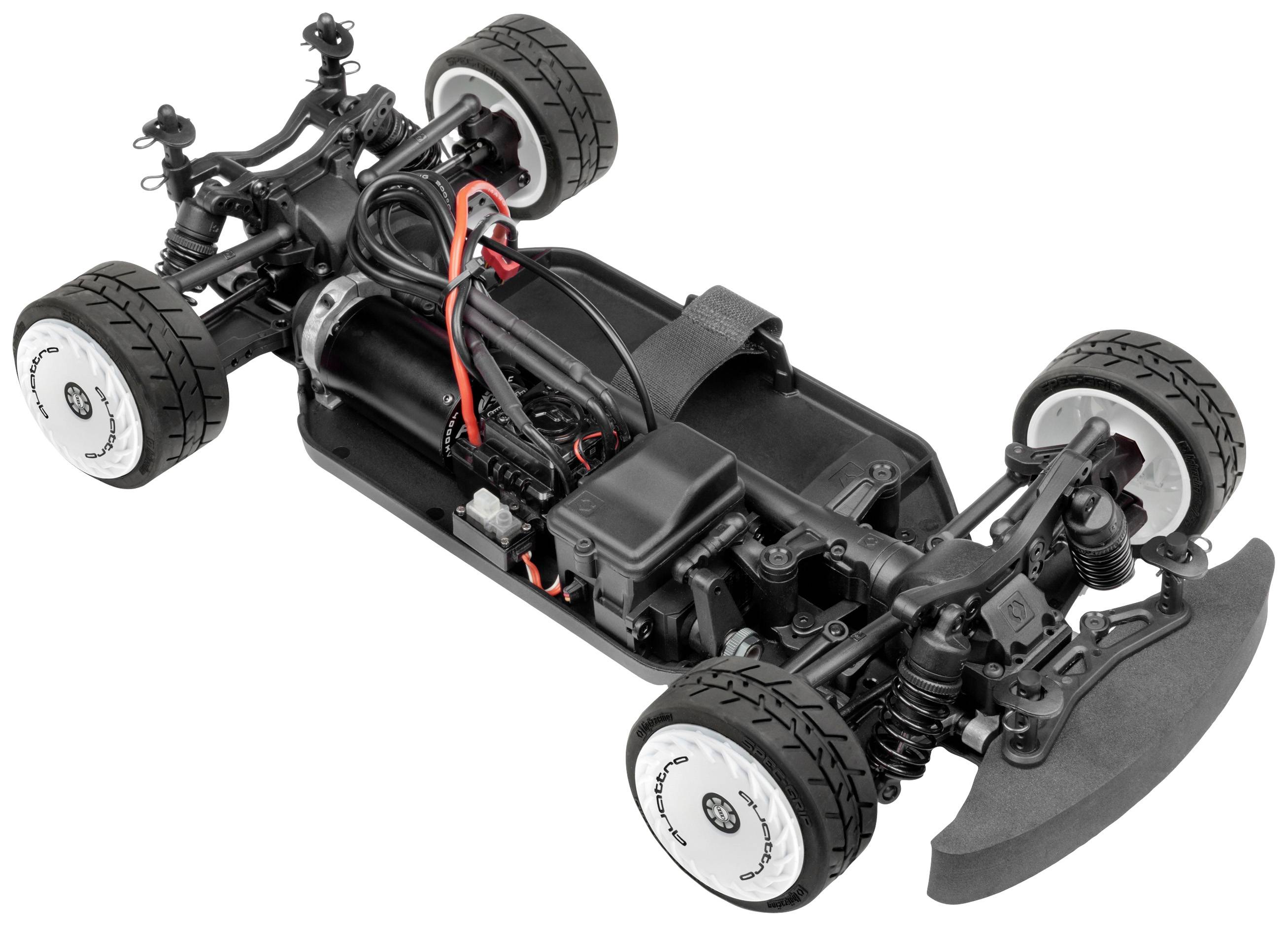 Ein ferngesteuertes Auto-Chassis mit sichtbarer Elektronik und Aufhängung, geeignet für Modellbau-Enthusiasten.